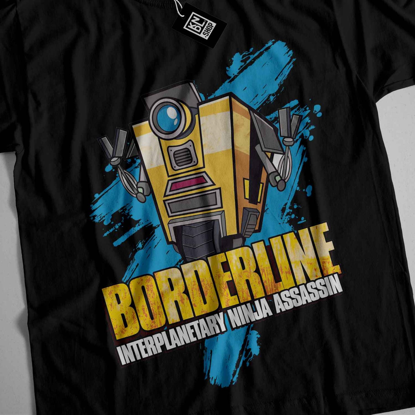a black t - shirt with a robot on it