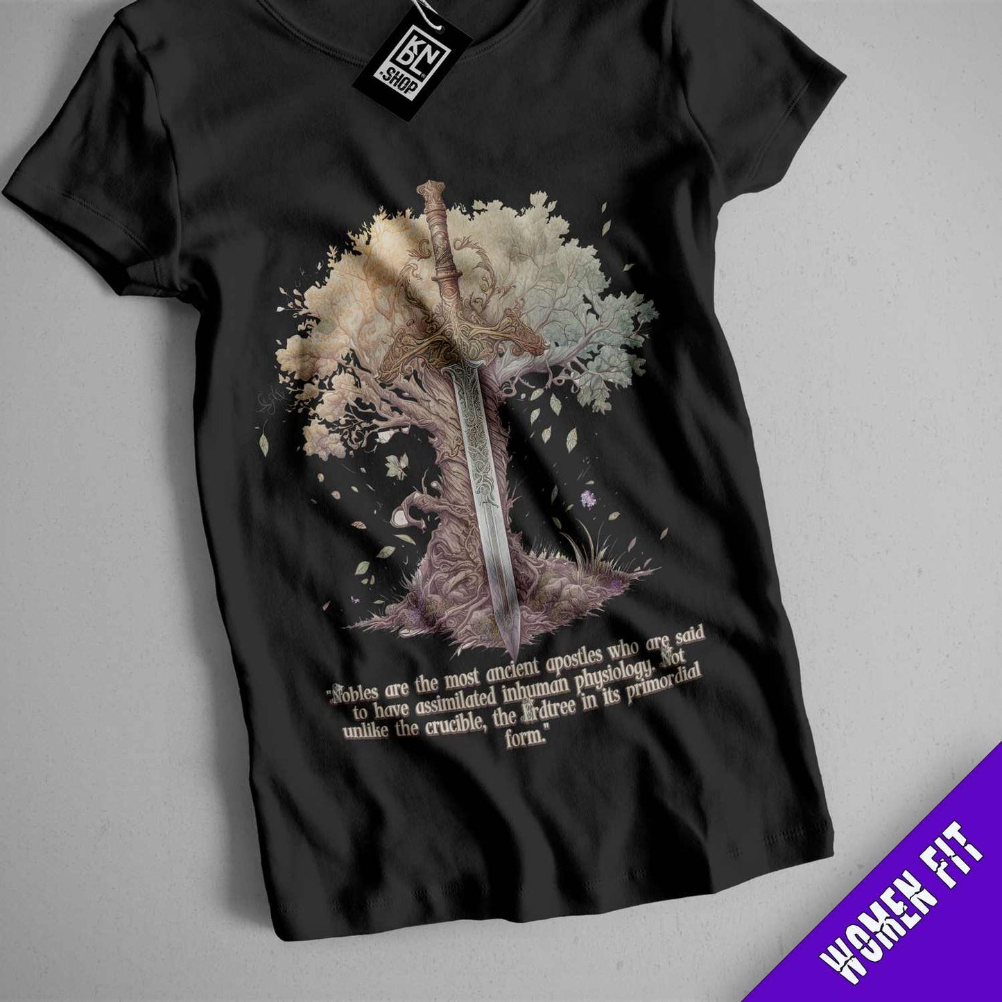 a t - shirt with a picture of a sword on it