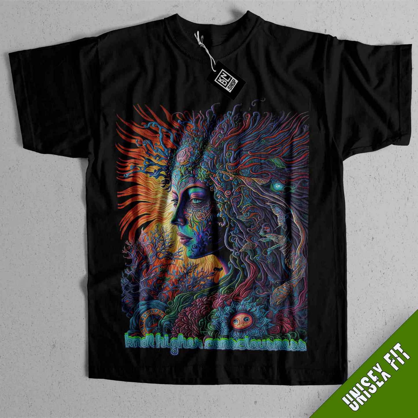 a black t - shirt with an image of a woman's face