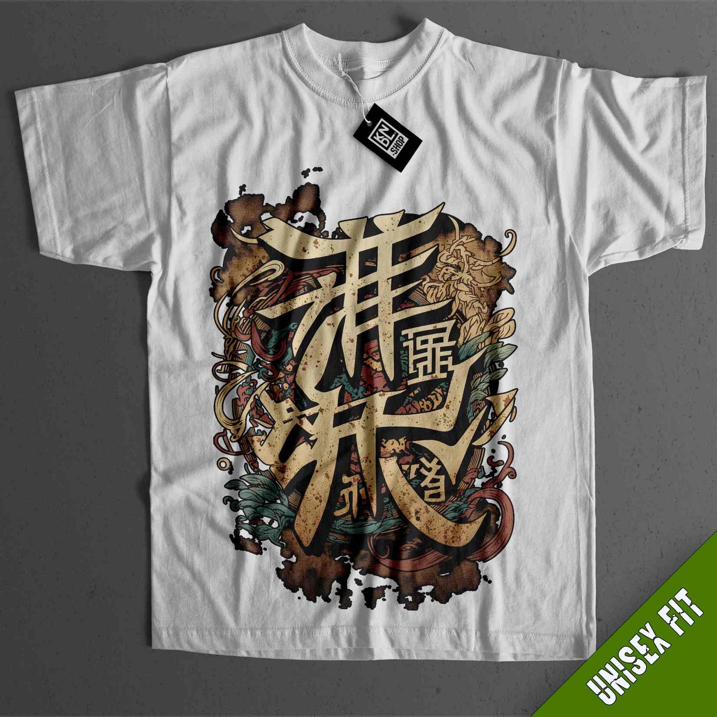 a white t - shirt with an oriental design on it