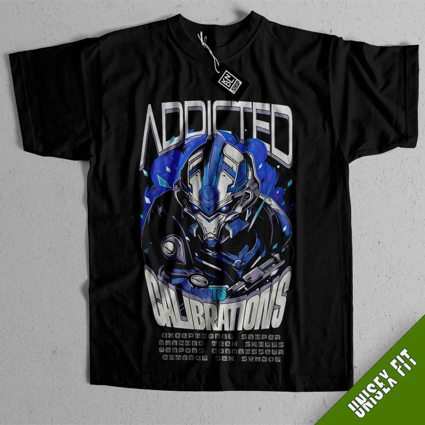 a black t - shirt with an image of a robot on it