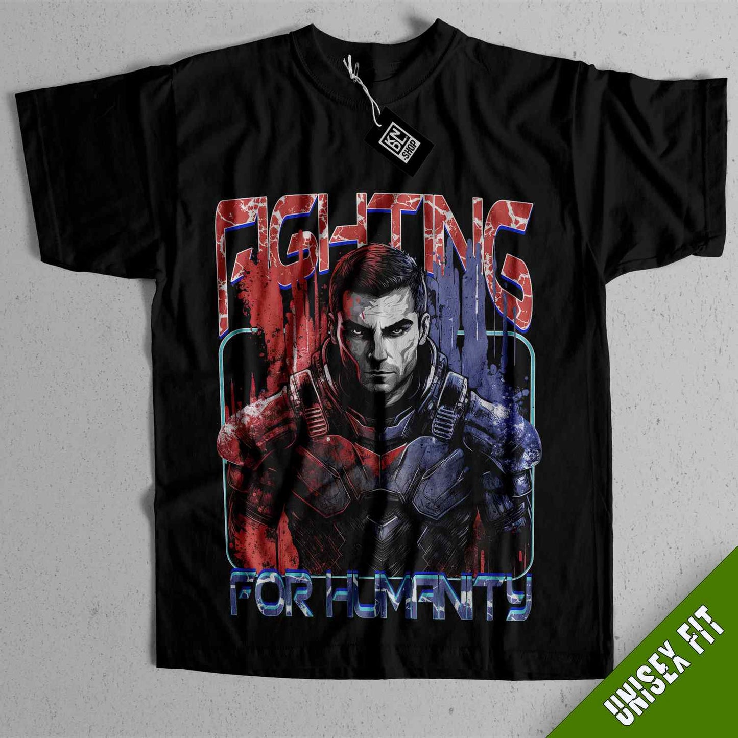 a black shirt with a picture of a man holding a gun