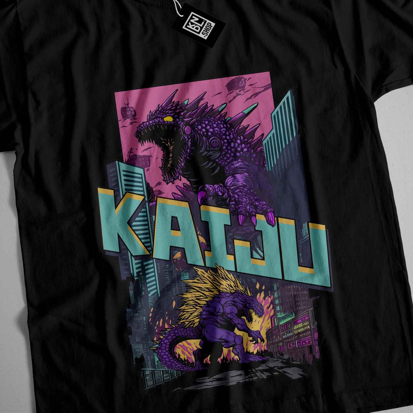 a black t - shirt with a godzilla on it