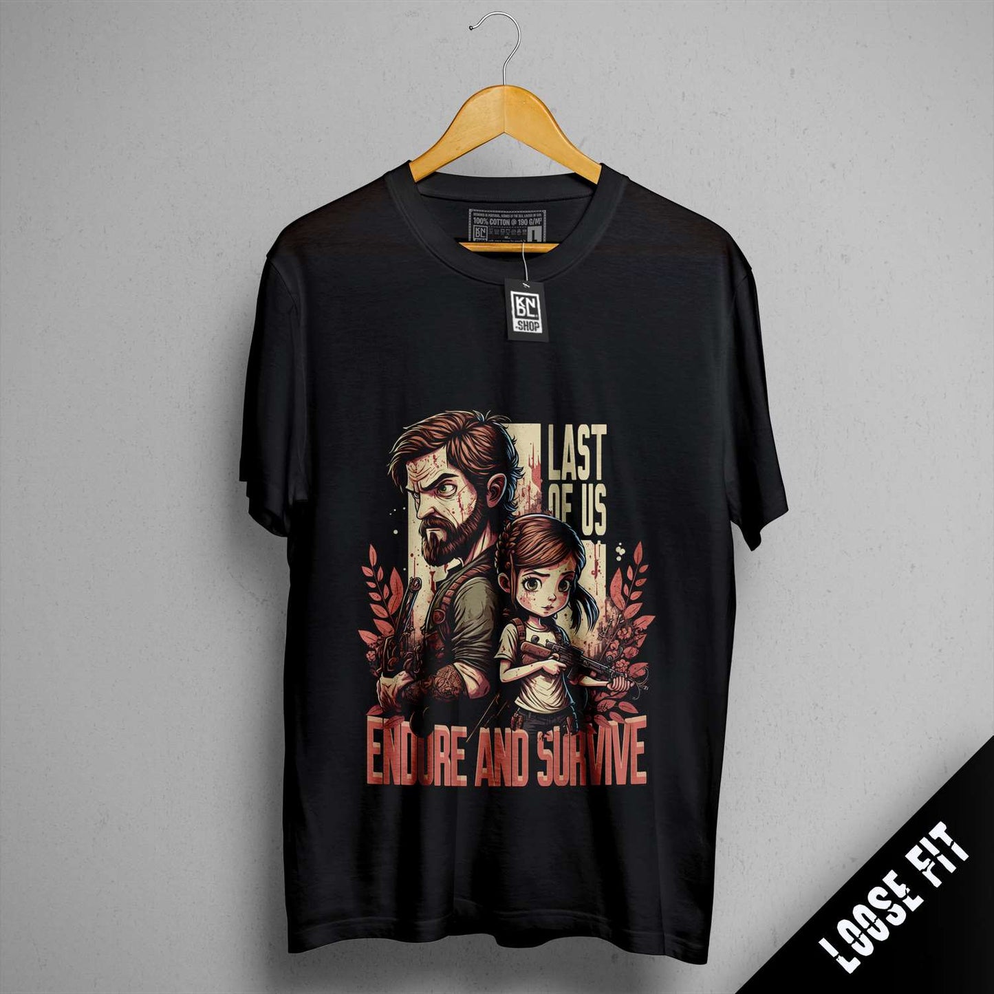 a black t - shirt with a picture of a man and a girl on it