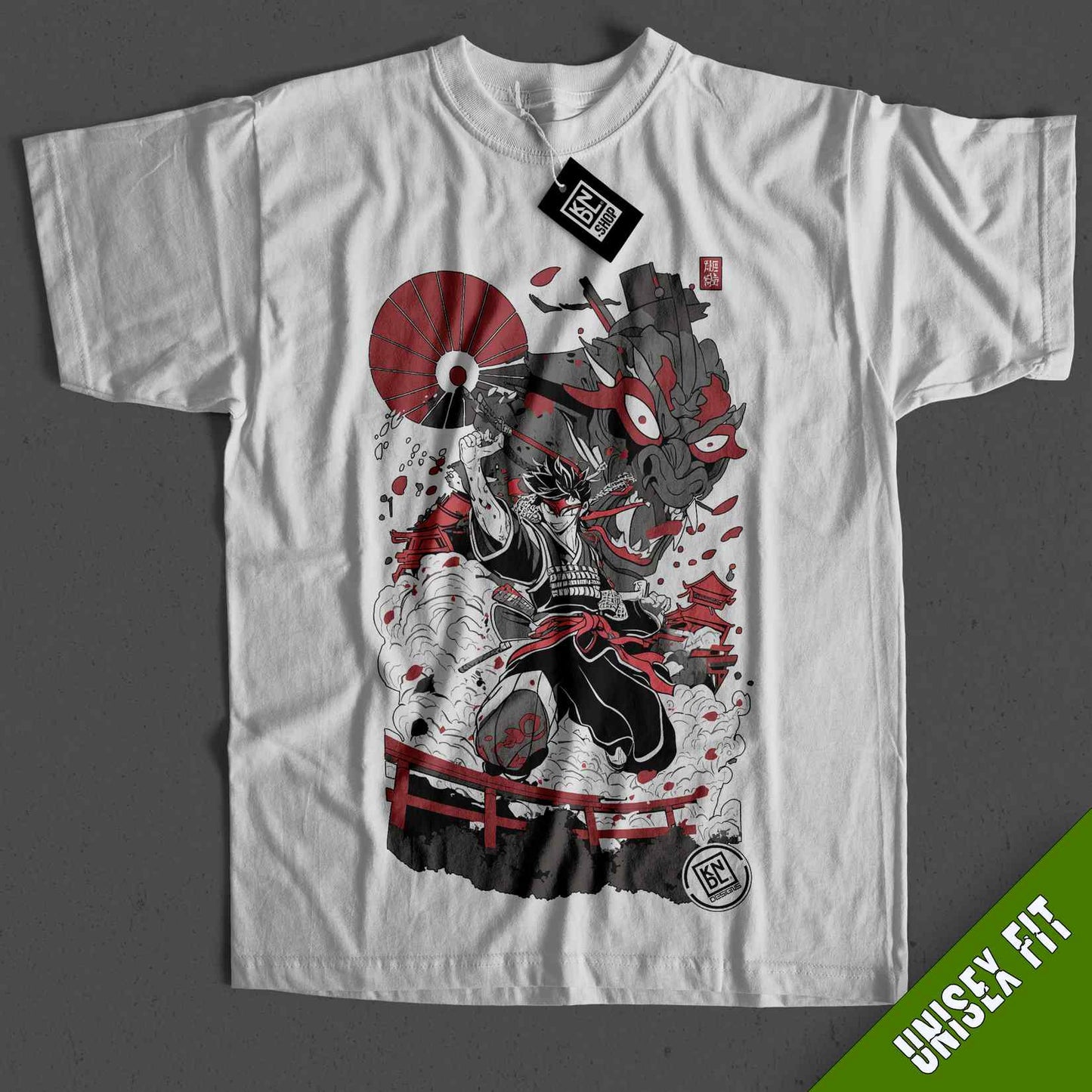 a white t - shirt with a picture of a demon on it