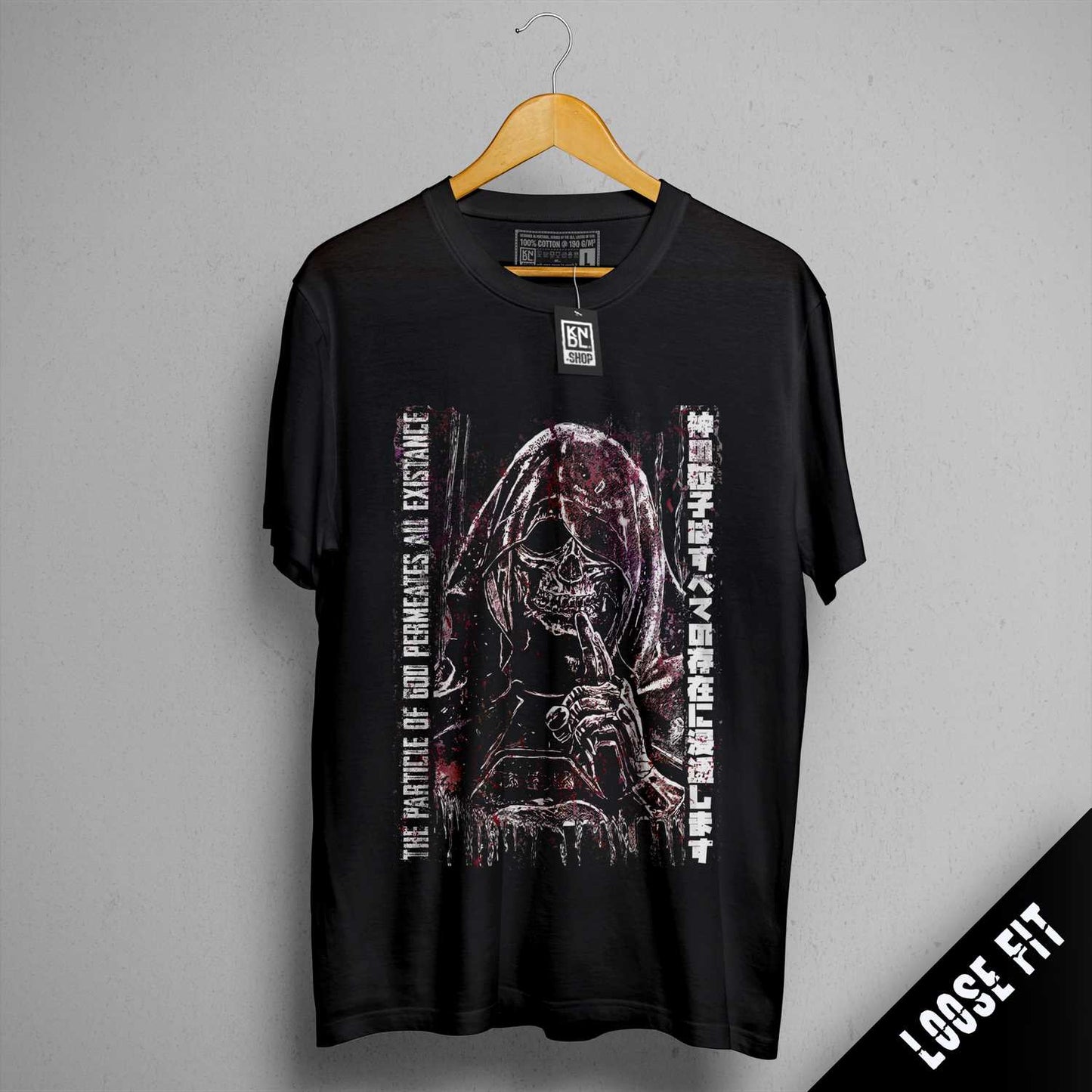 a black t - shirt with a picture of a woman holding a knife