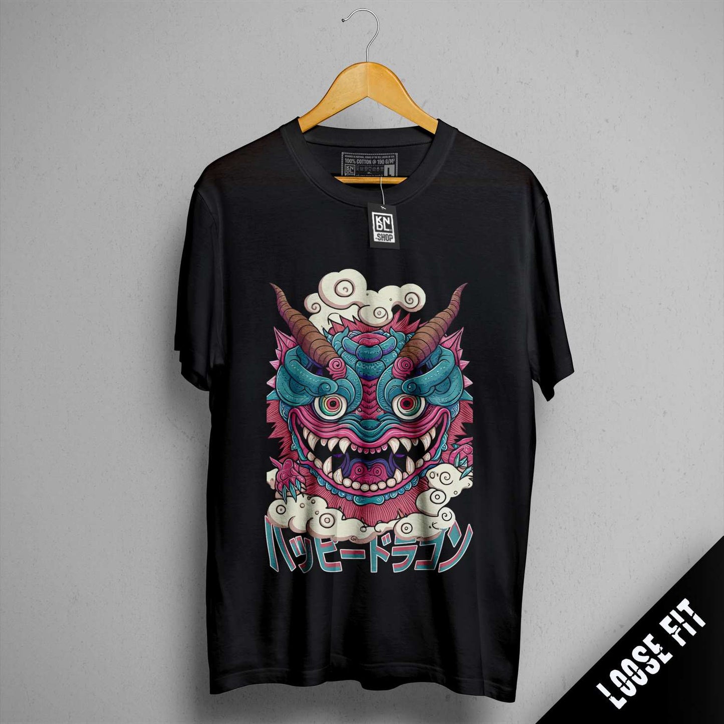 a black t - shirt with an image of a dragon on it