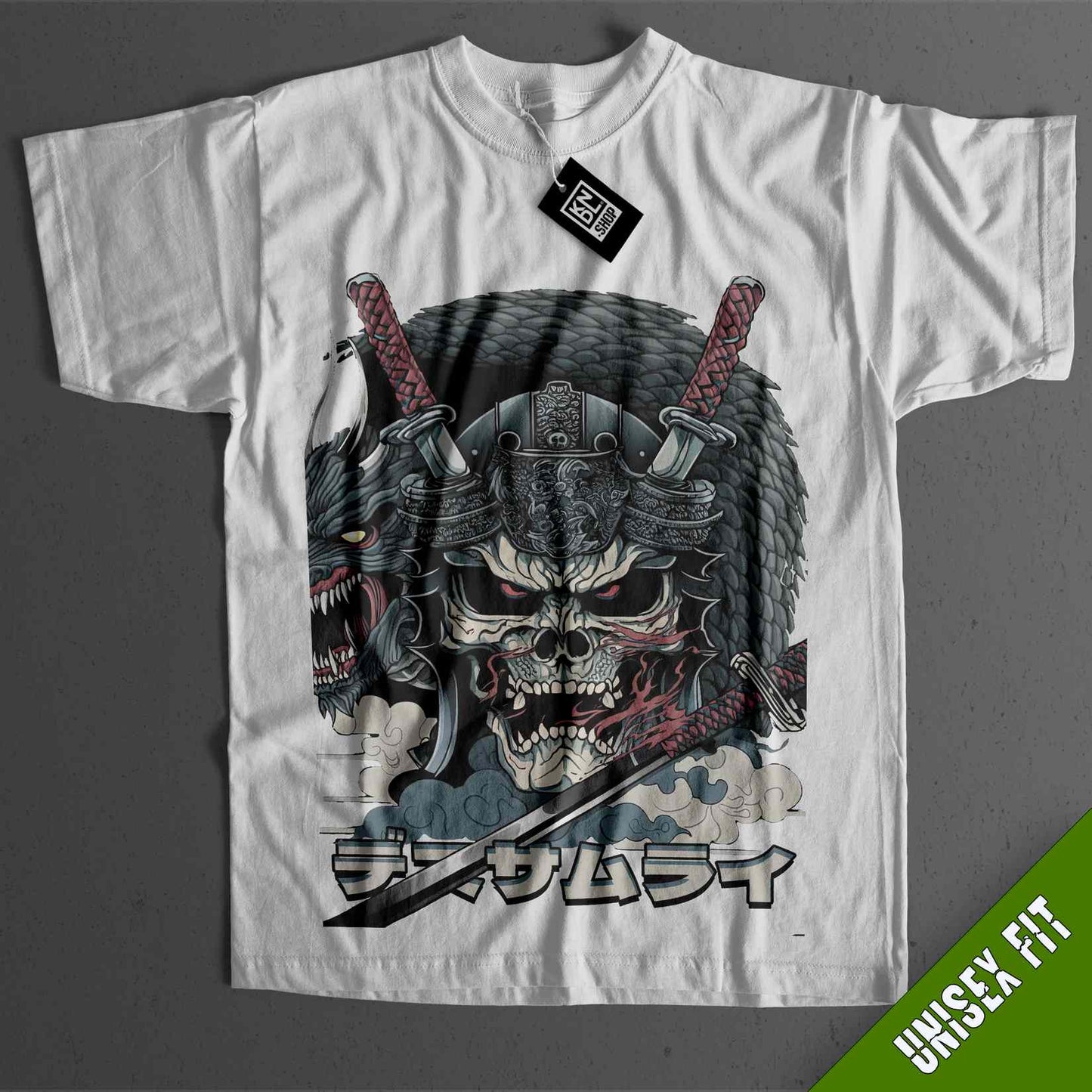 a white t - shirt with a skull and two swords on it