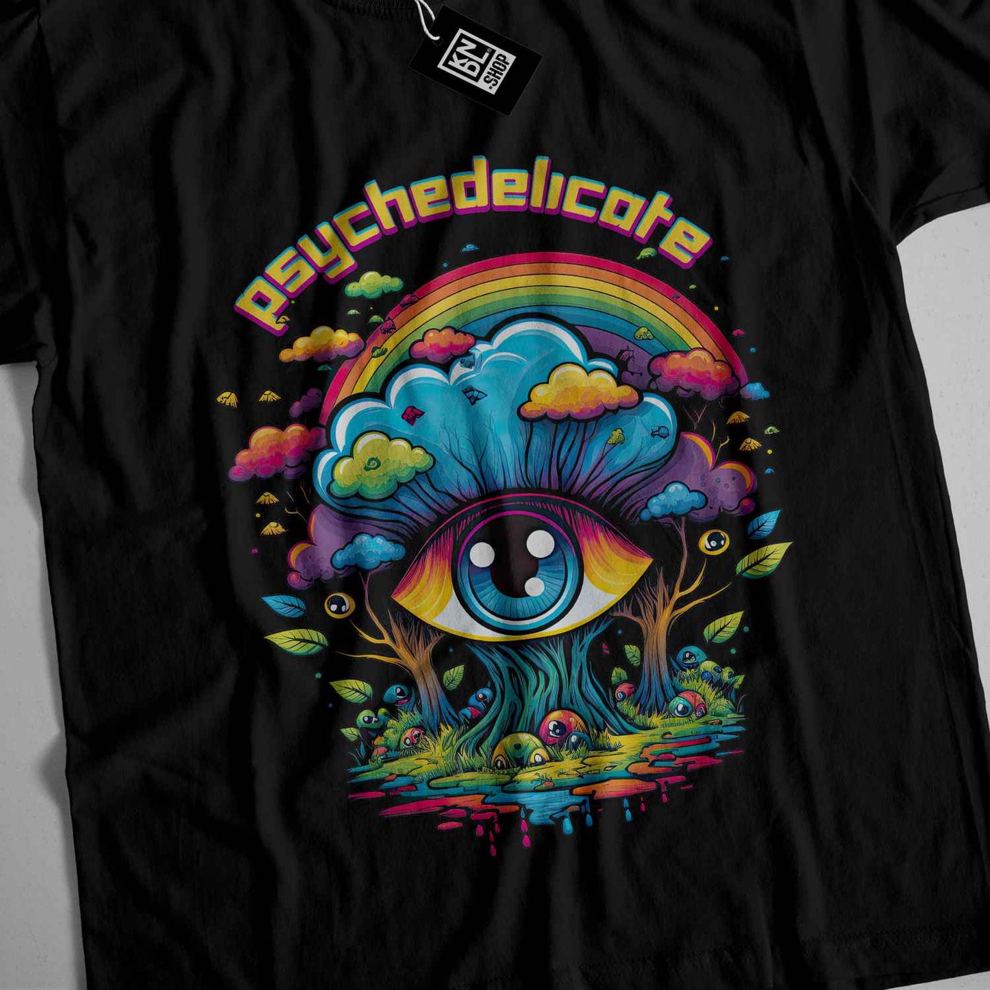 a black t - shirt with a psychedelic eye on it