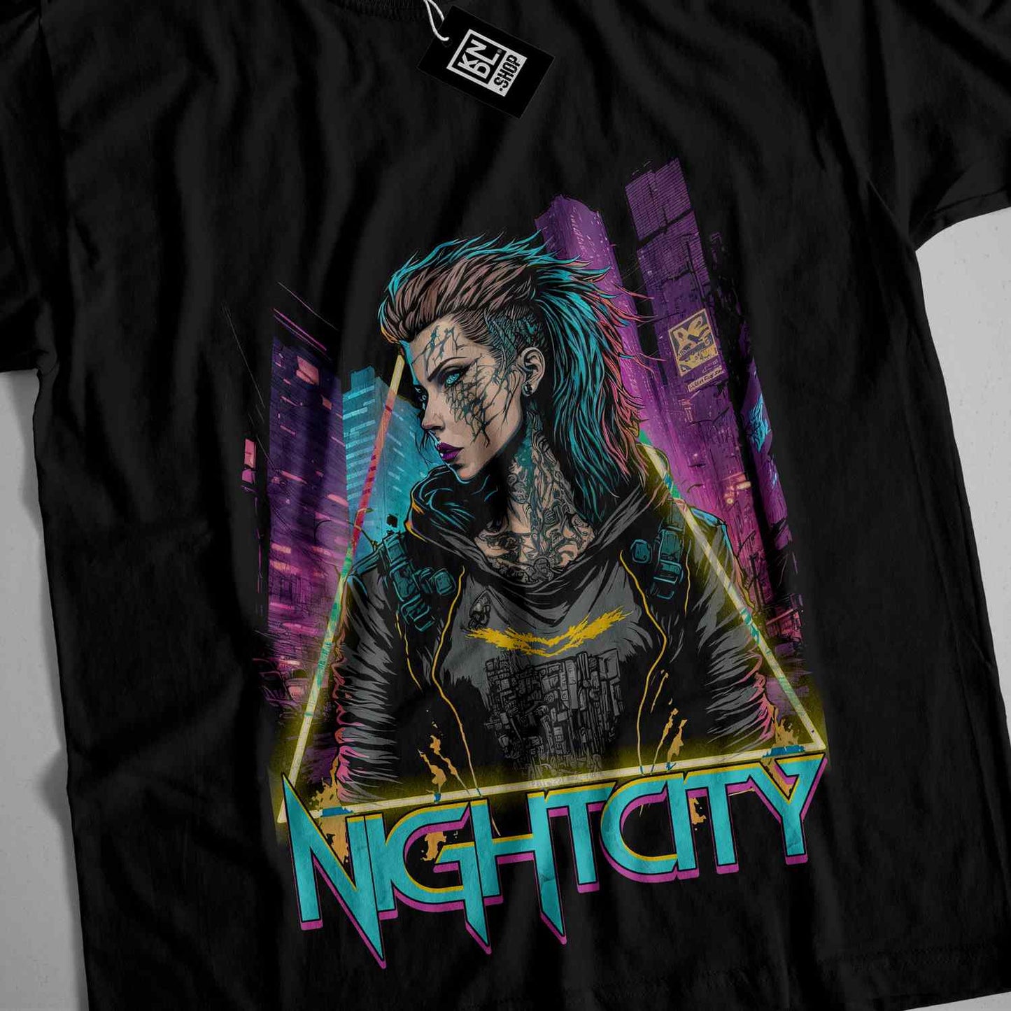 a black t - shirt with a picture of a woman with blue hair