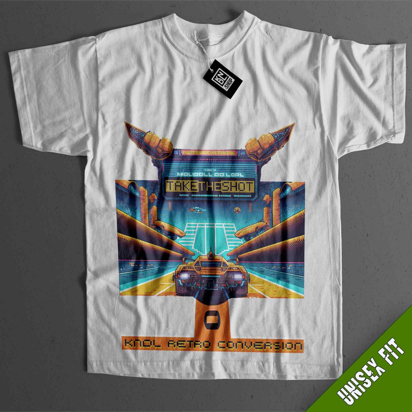a white t - shirt with an image of a car driving through a futuristic city