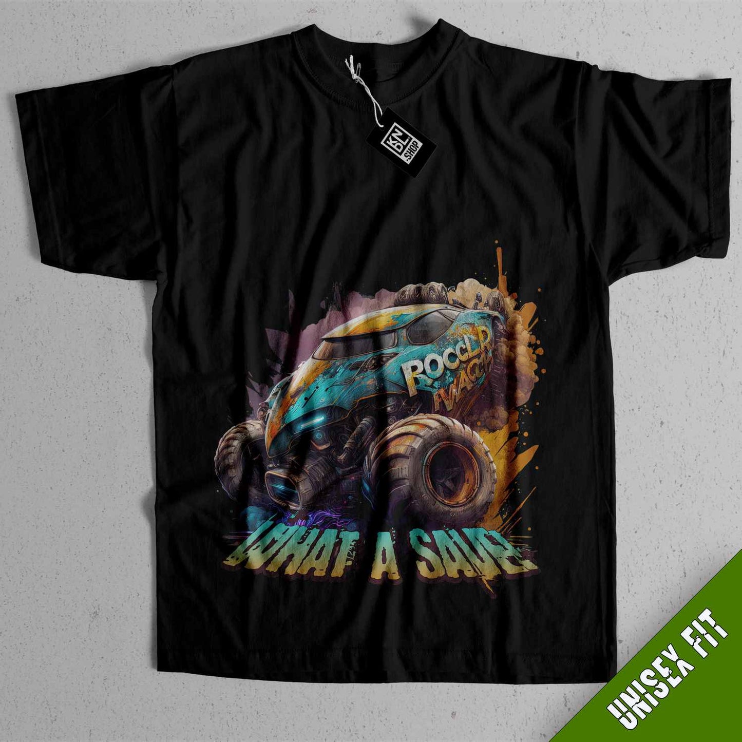 a black shirt with an image of a monster truck