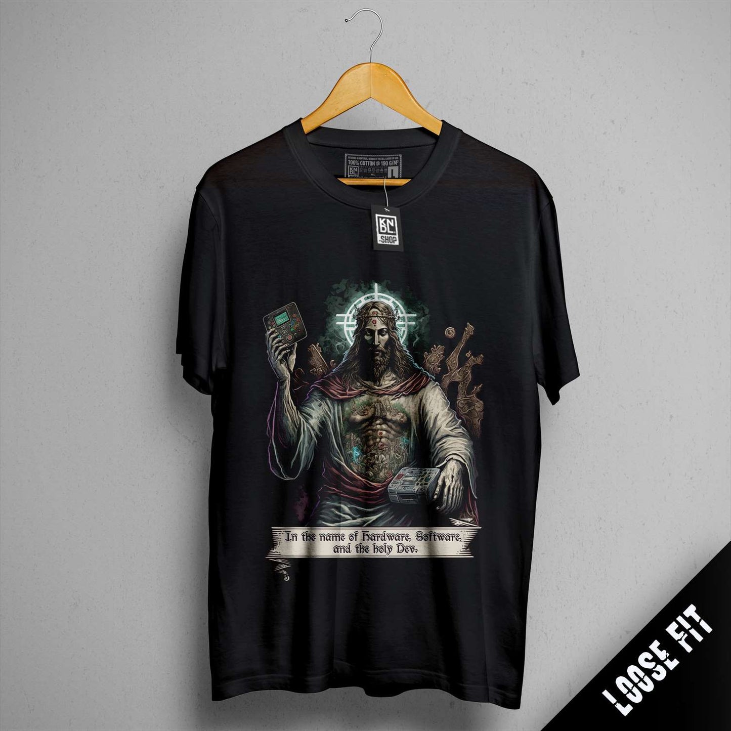 a t - shirt with a picture of jesus holding a cell phone