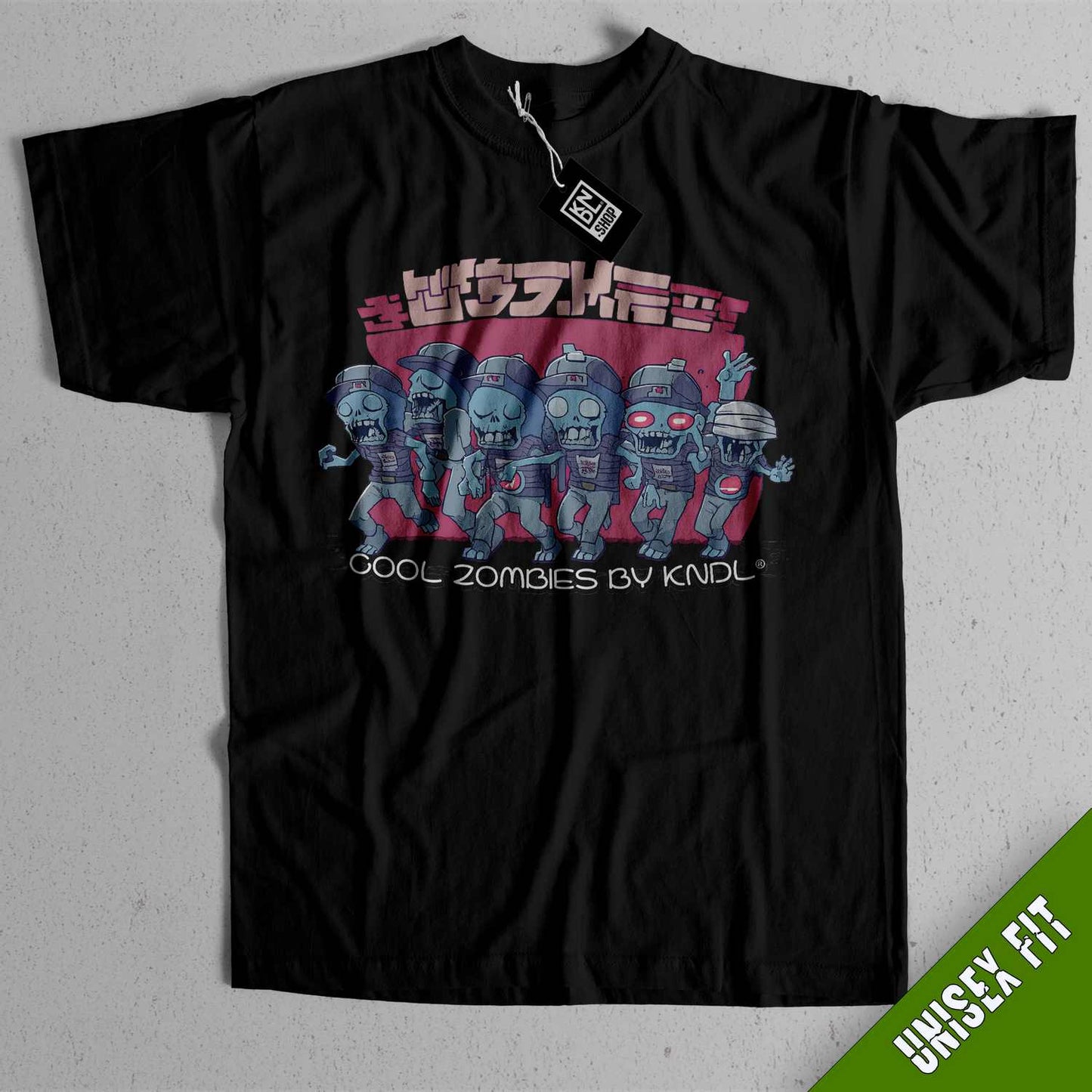 a black shirt with a group of zombies on it