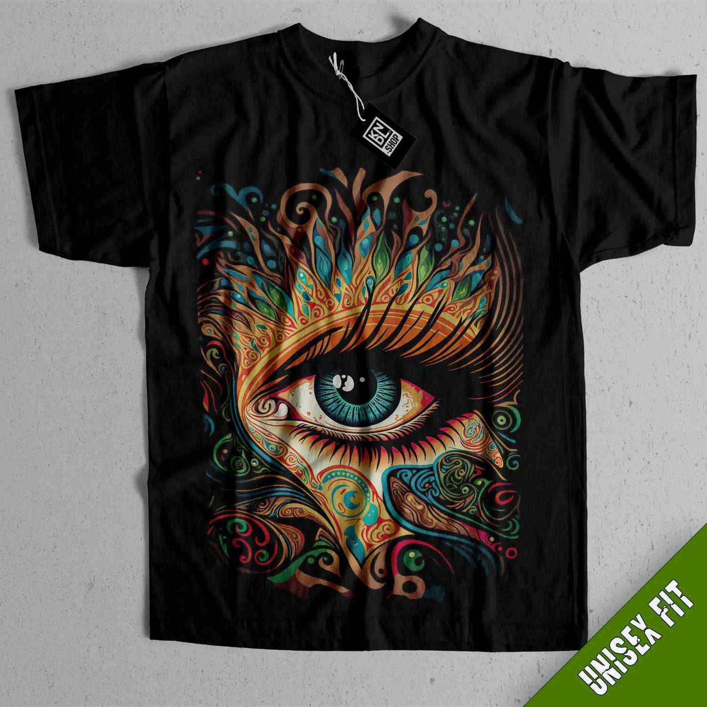 a black t - shirt with an eye on it
