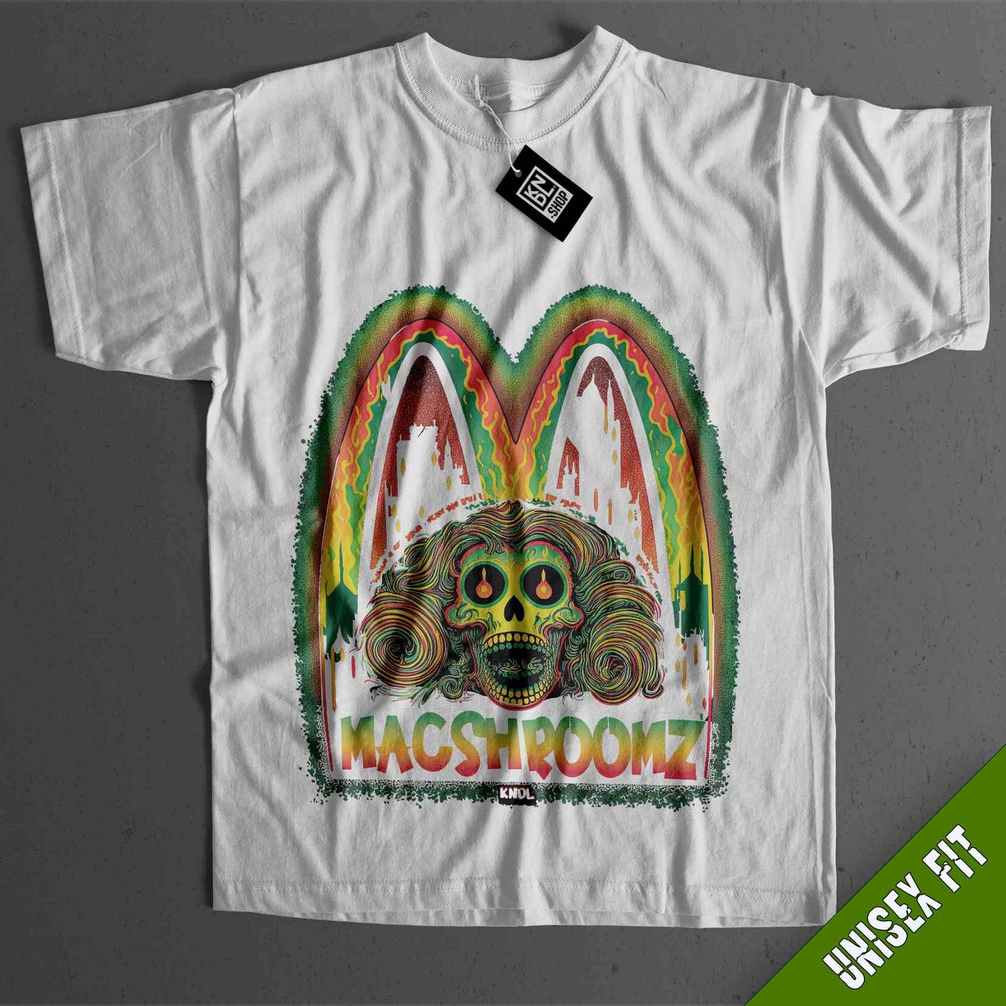 a white shirt with a picture of a skull on it