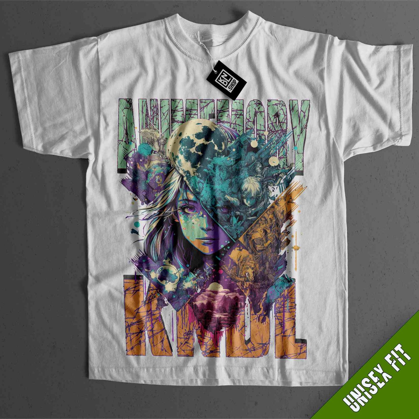 a white t - shirt with a picture of a woman on it