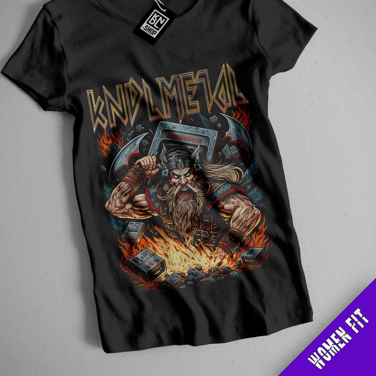 a black shirt with an image of a man holding a hammer
