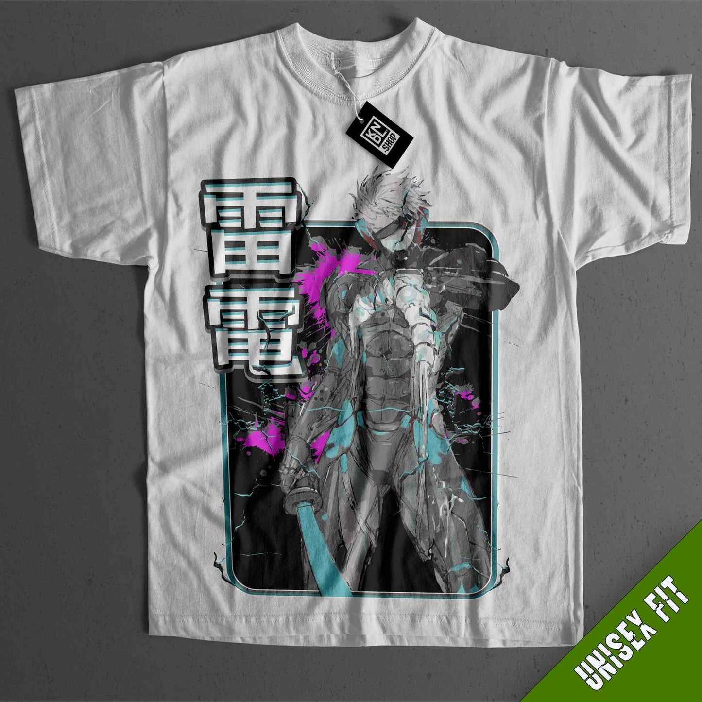 a white t - shirt with an image of a man holding a sword