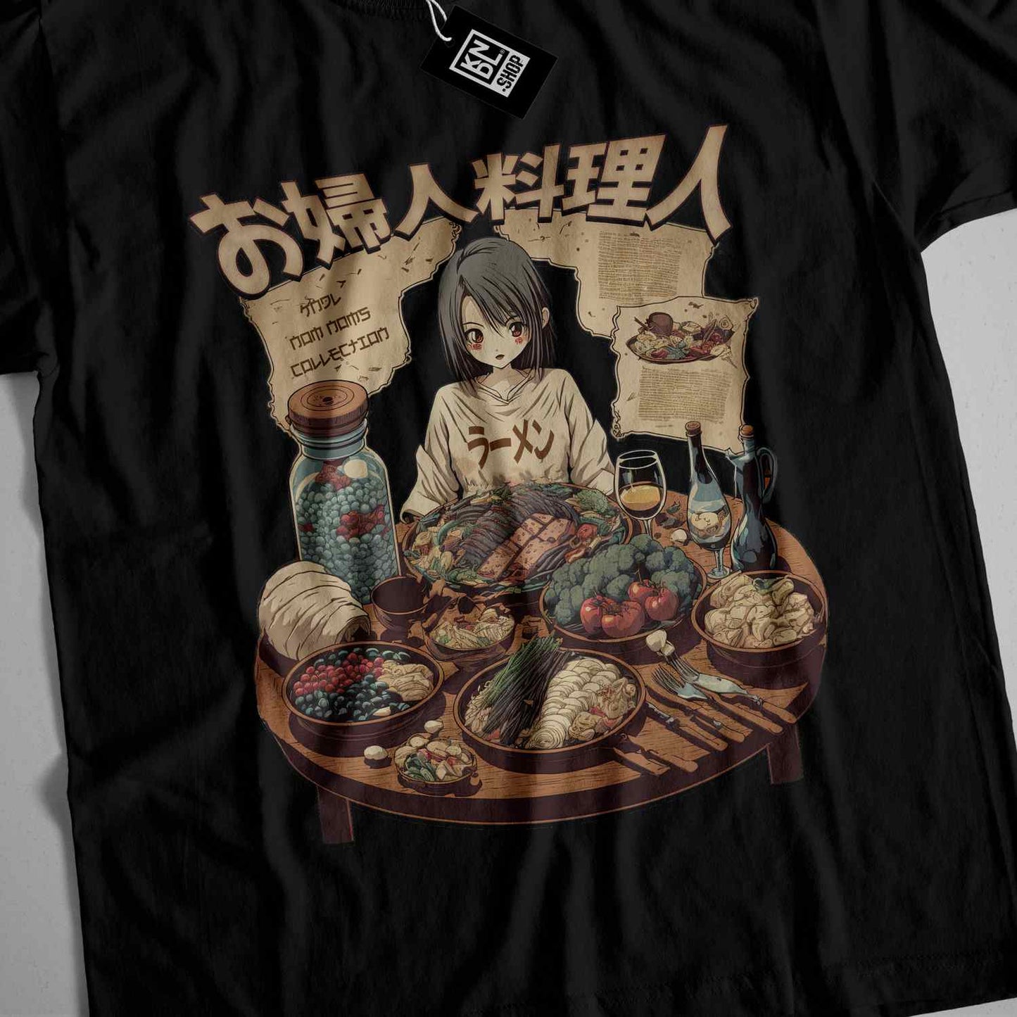a t - shirt with a picture of a woman sitting at a table full of