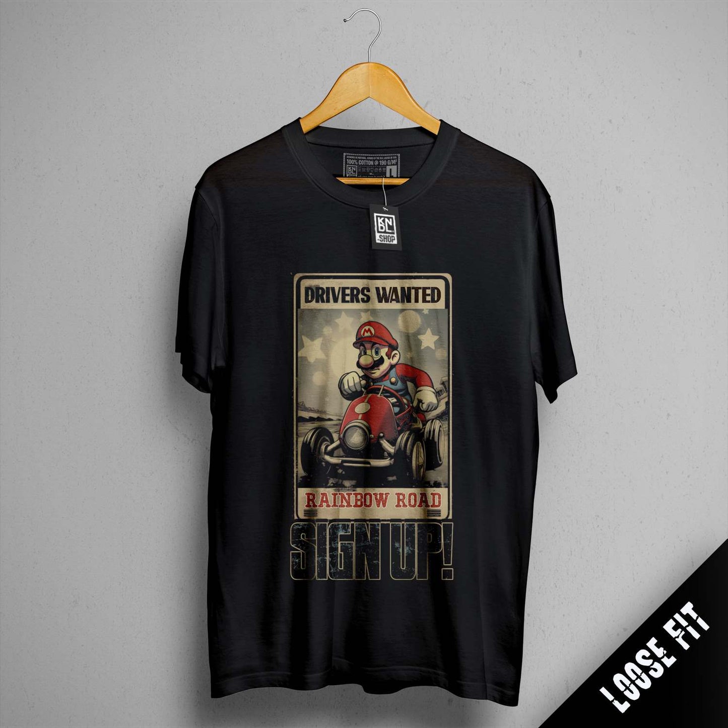 a black shirt with a picture of a man riding a motorcycle