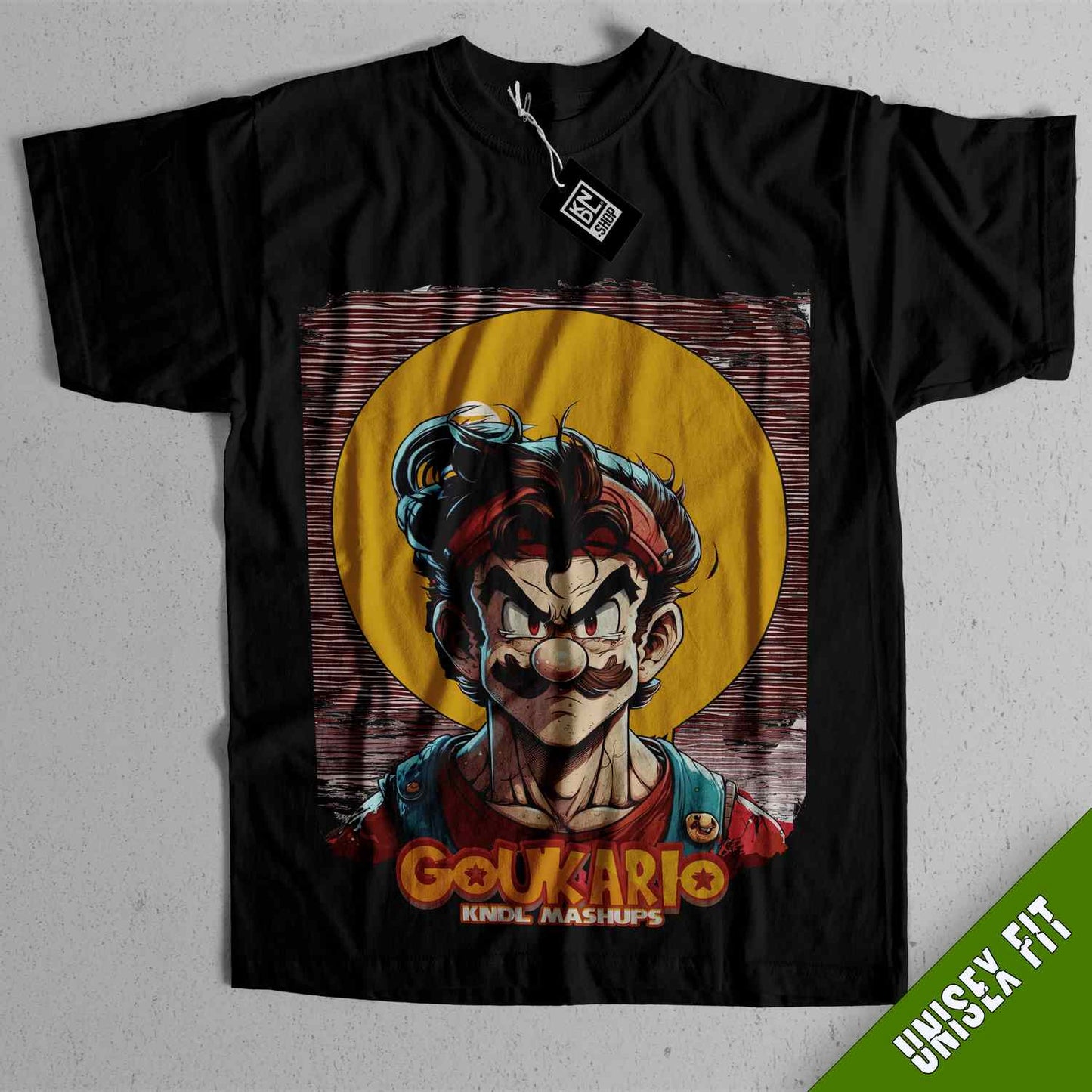 a black t - shirt with a picture of gouario on it