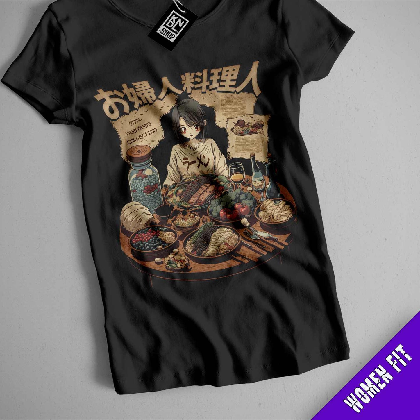 a t - shirt with a picture of a woman eating food
