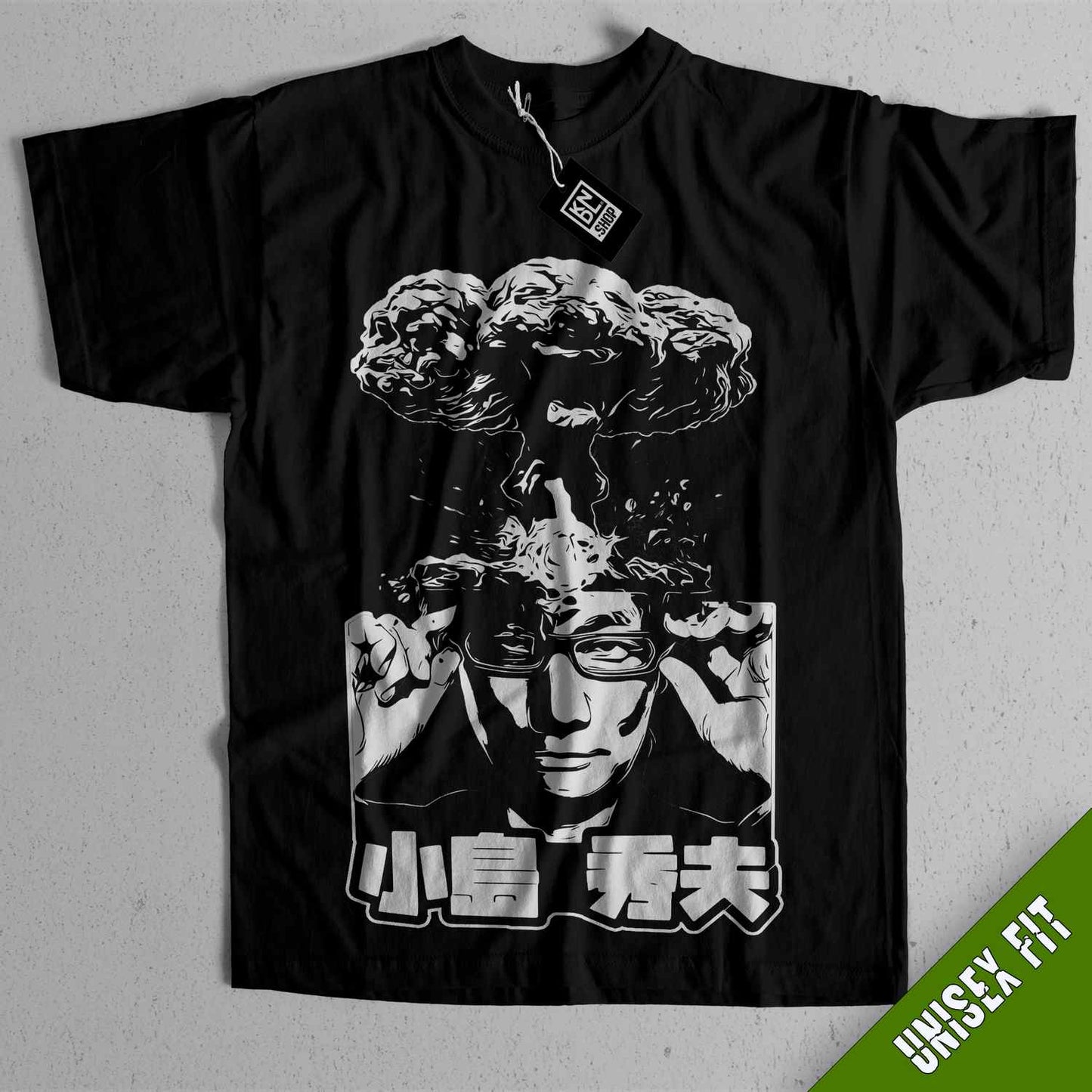a black t - shirt with an image of a man holding a gun