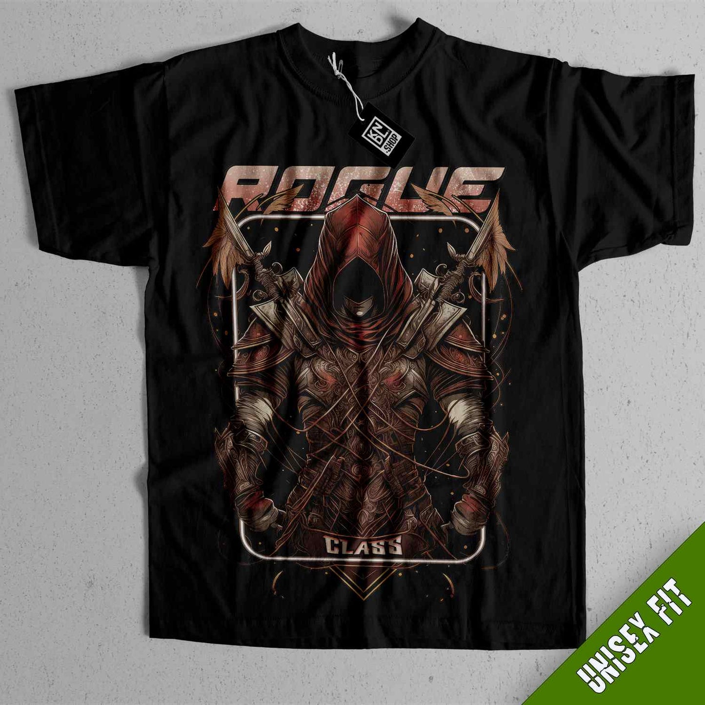 a black t - shirt with a picture of a man in armor