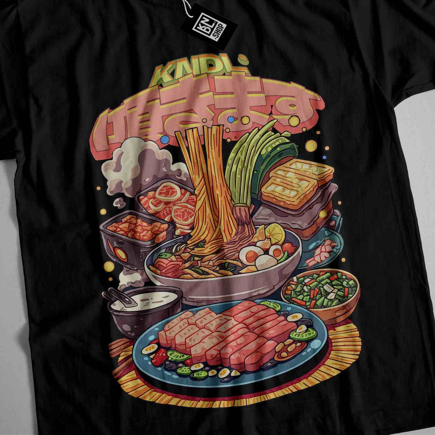 a t - shirt with a picture of a bunch of food on it