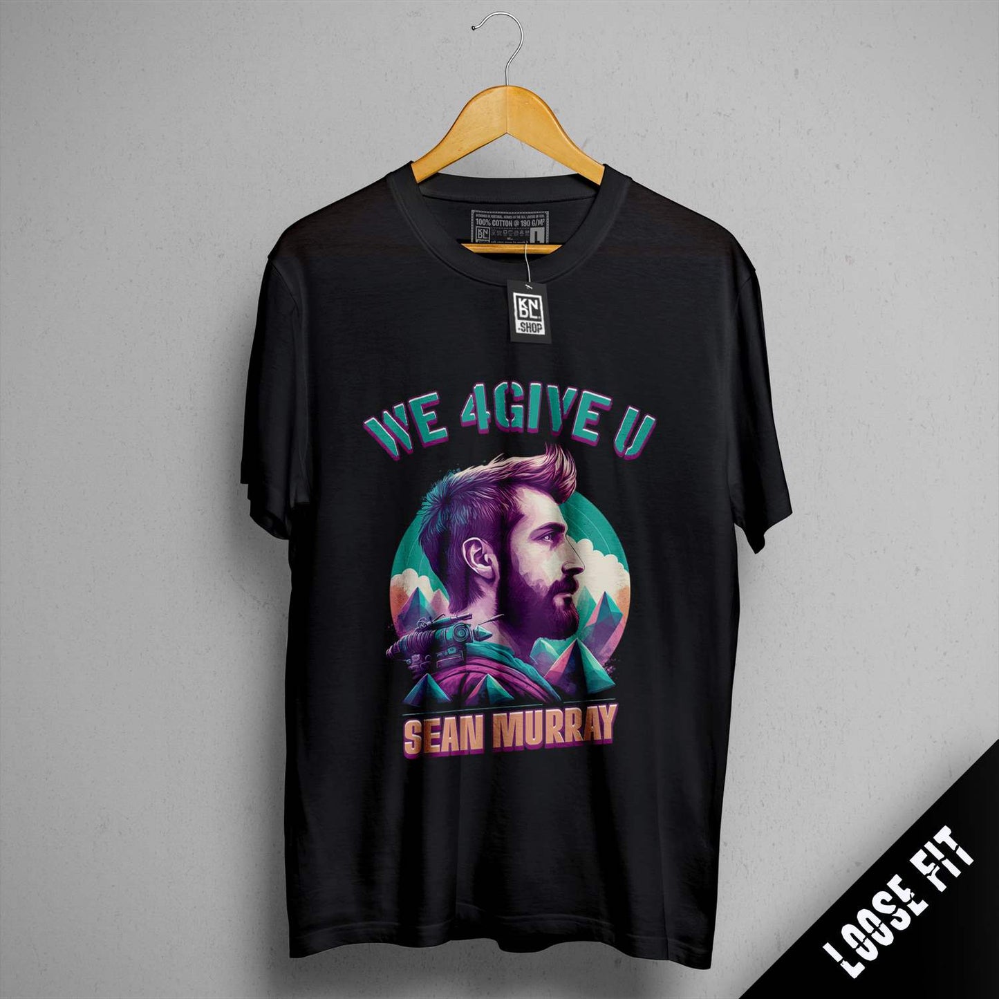 a black t - shirt with a picture of a bearded man on it