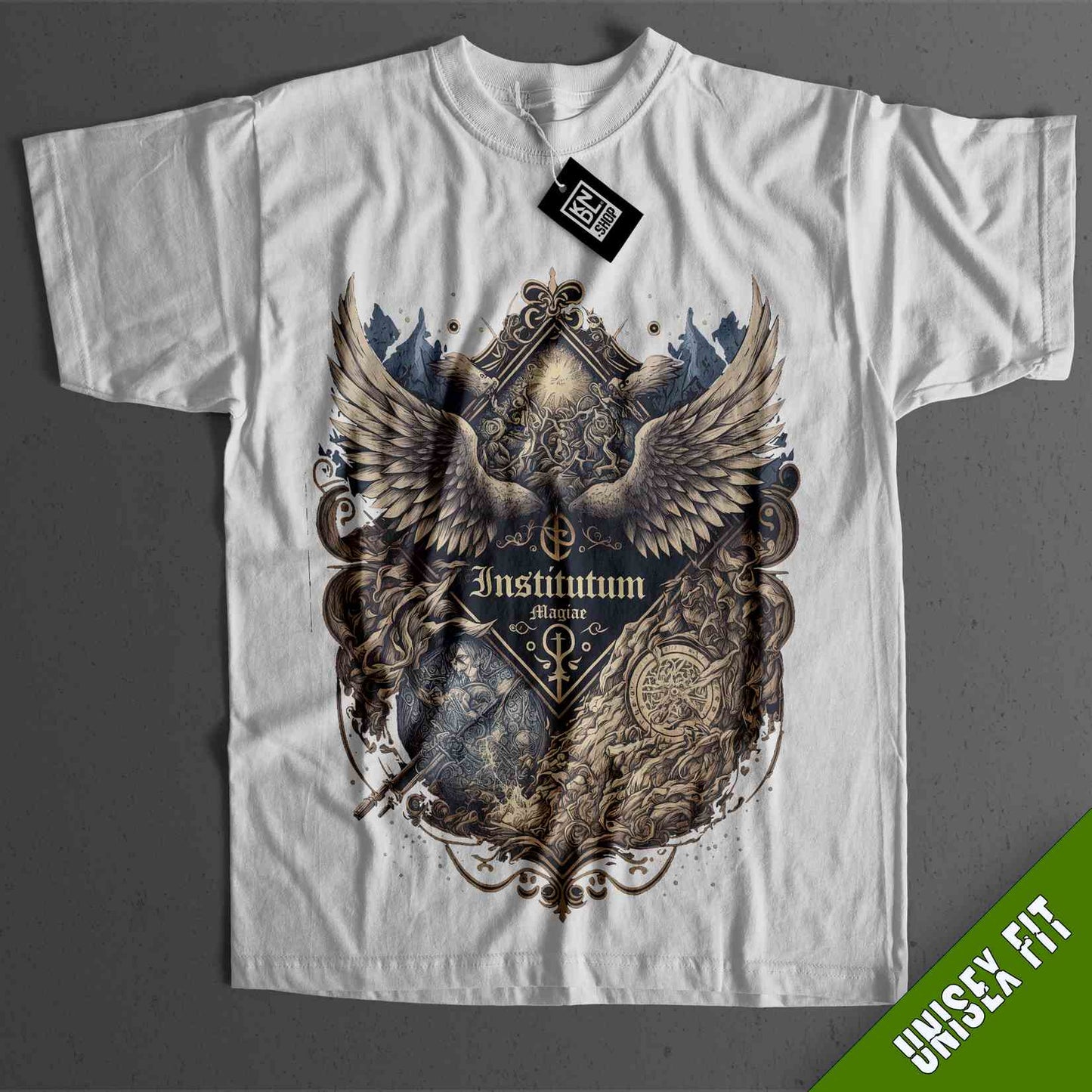 a white t - shirt with an image of a bird on it
