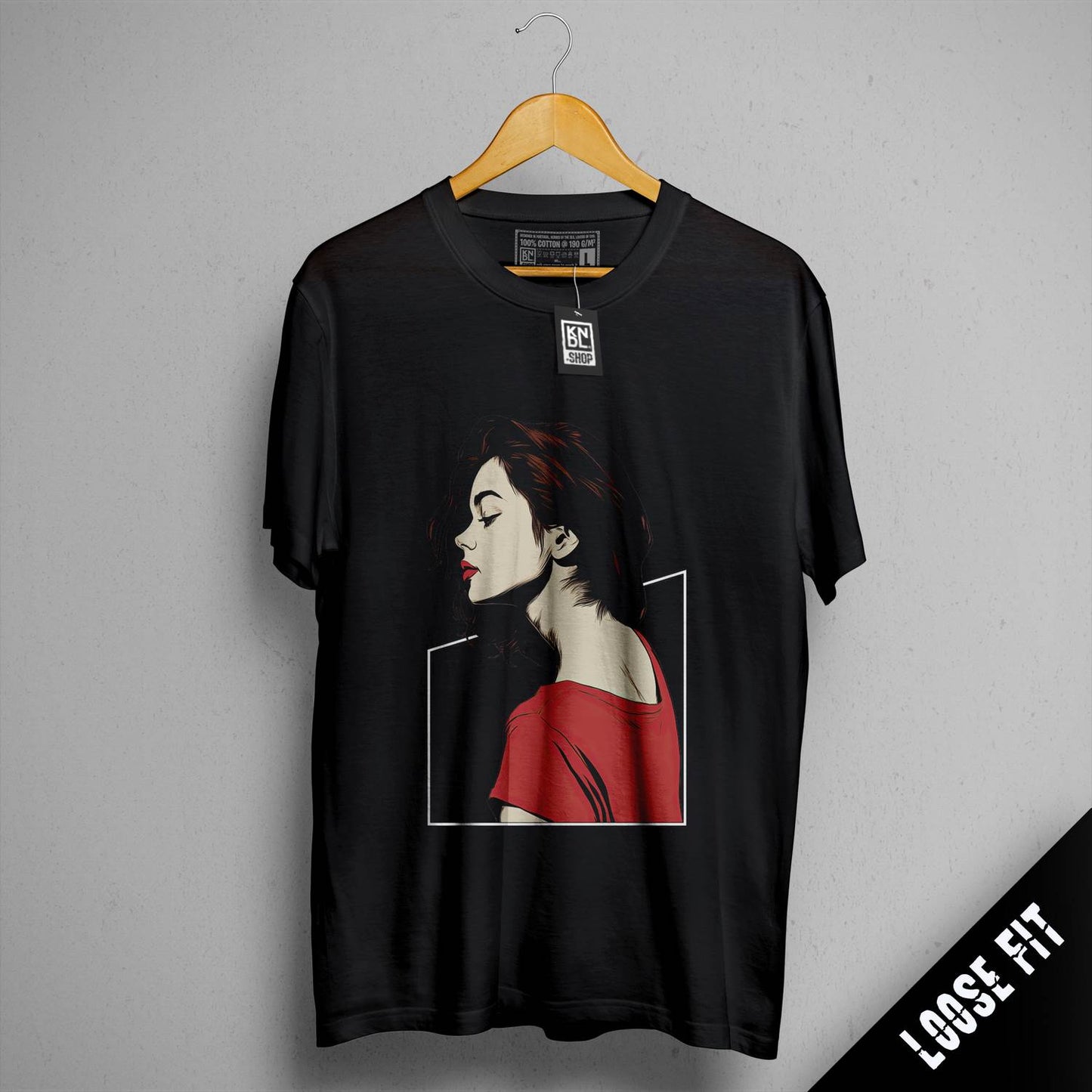 a black shirt with a picture of a woman on it