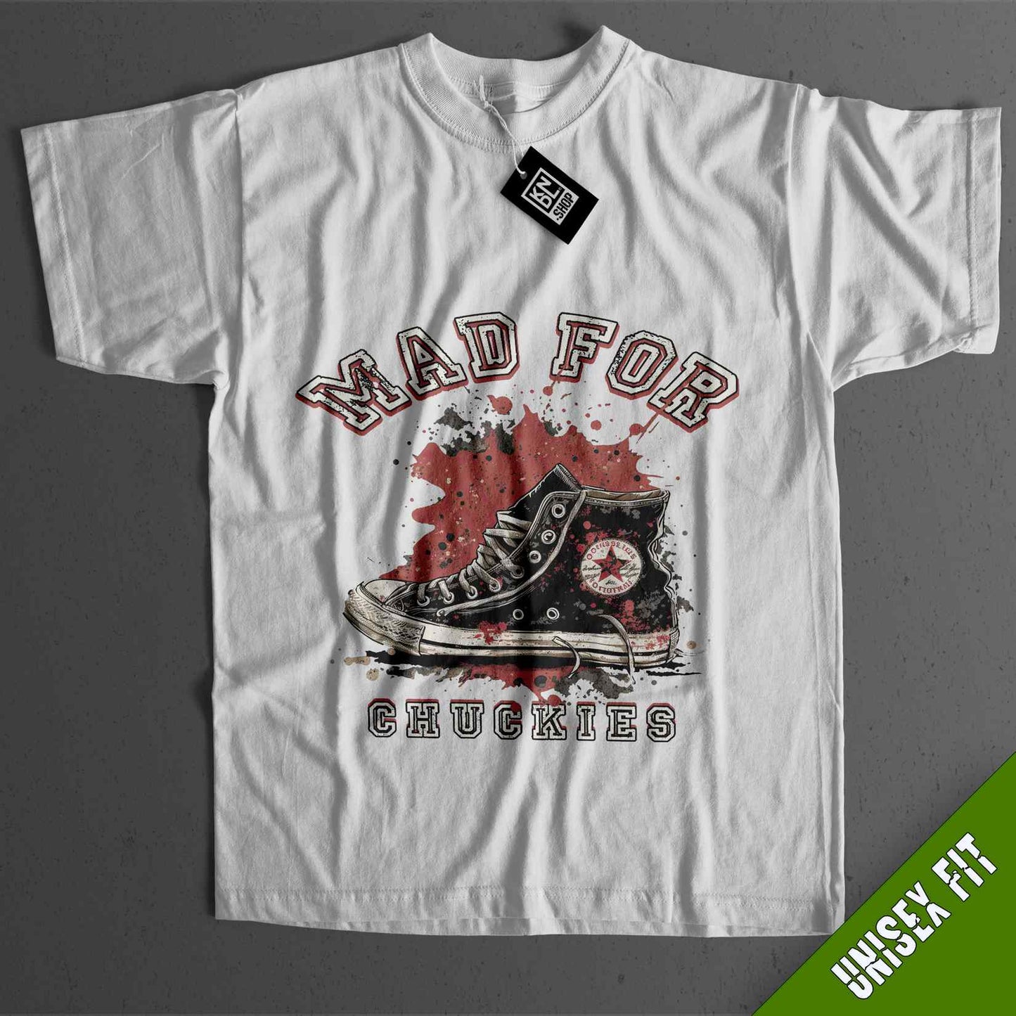 a white t - shirt with the words mad for chuckies on it