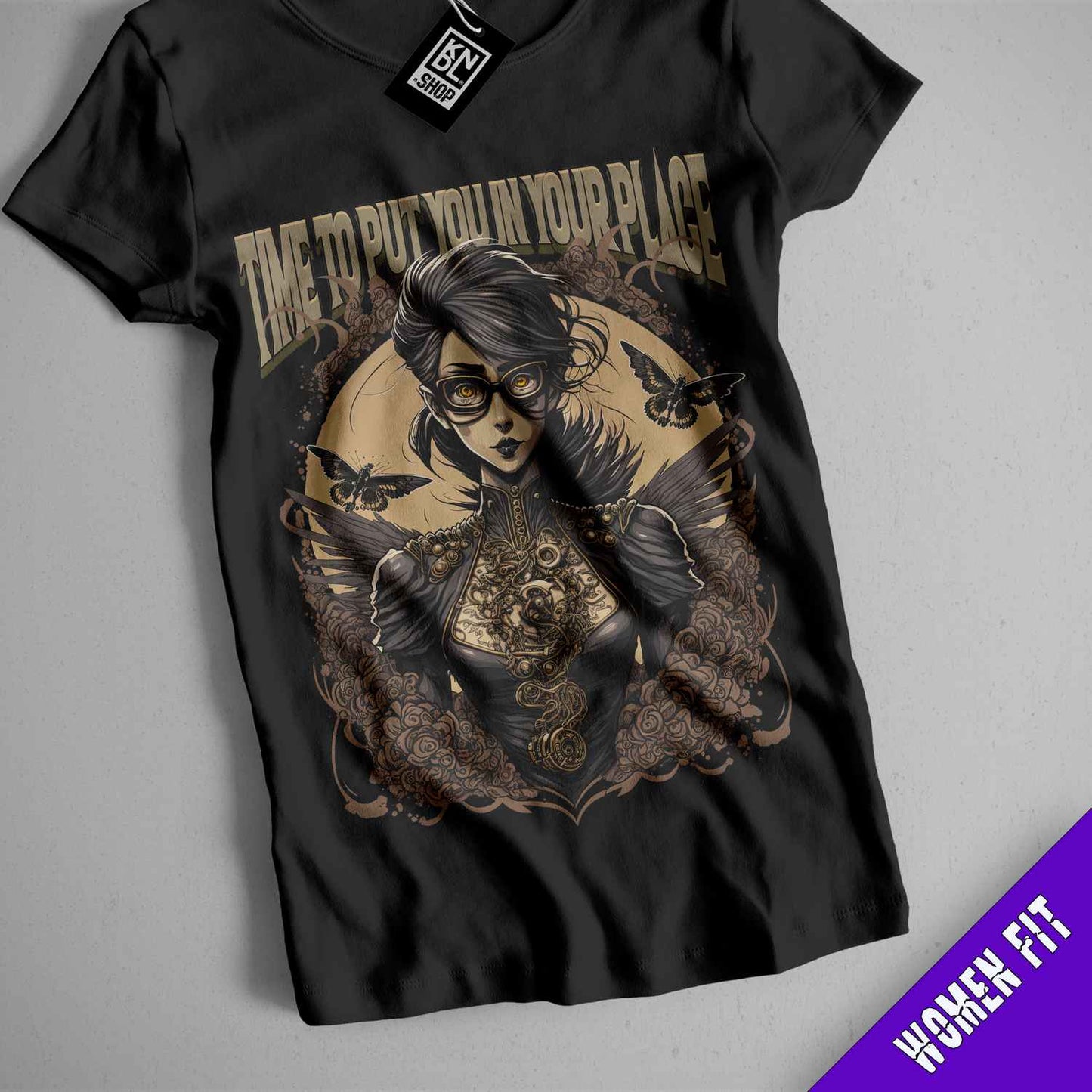 a t - shirt with a picture of a woman holding a clock