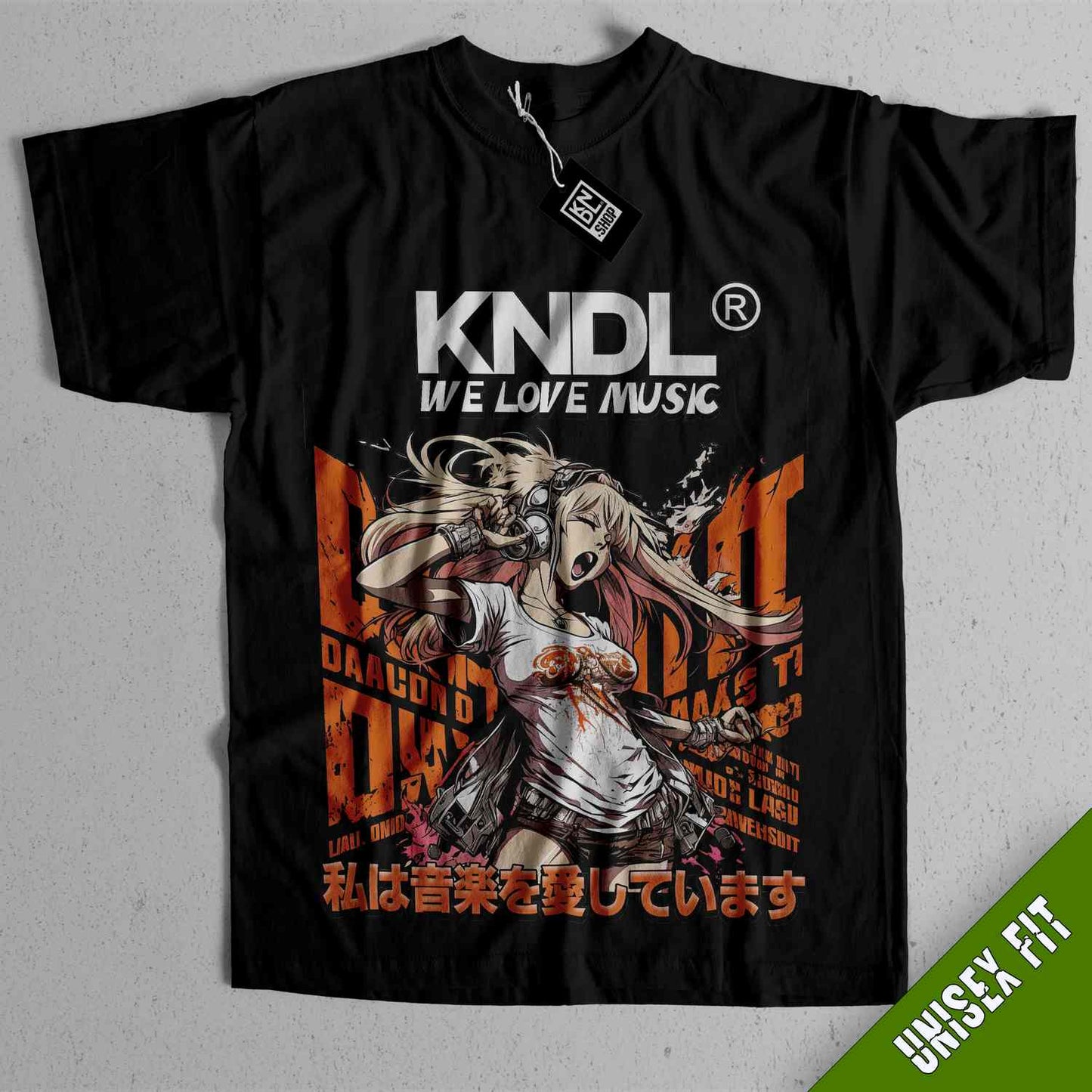 a black t - shirt with an image of a girl holding a gun