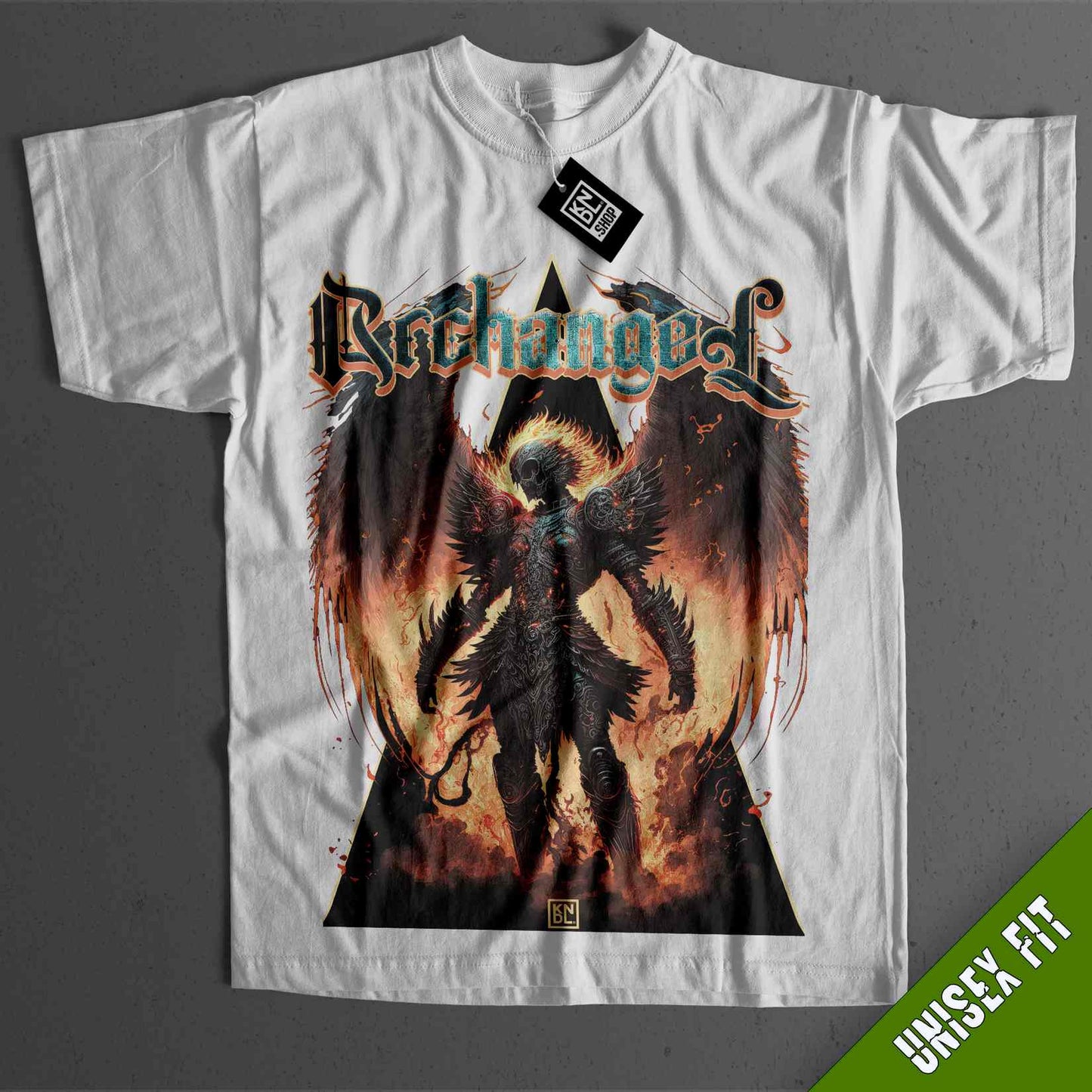 a white shirt with an image of a demon on it