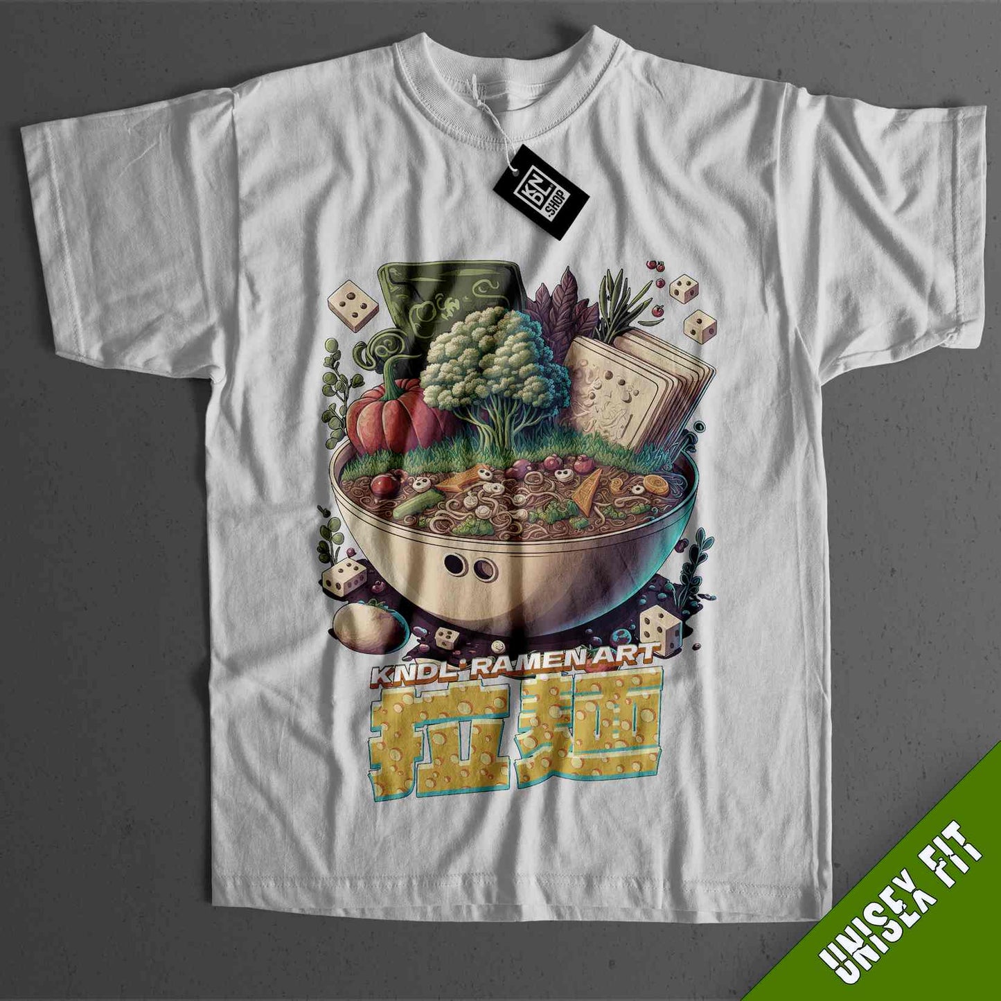 a t - shirt with a picture of a bowl of food on it