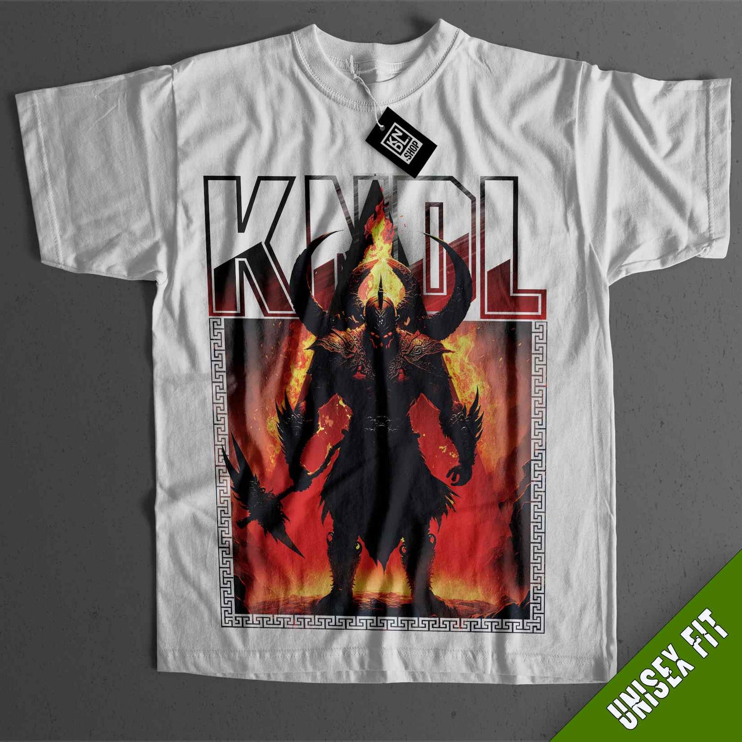 a white t - shirt with a picture of a demon on it