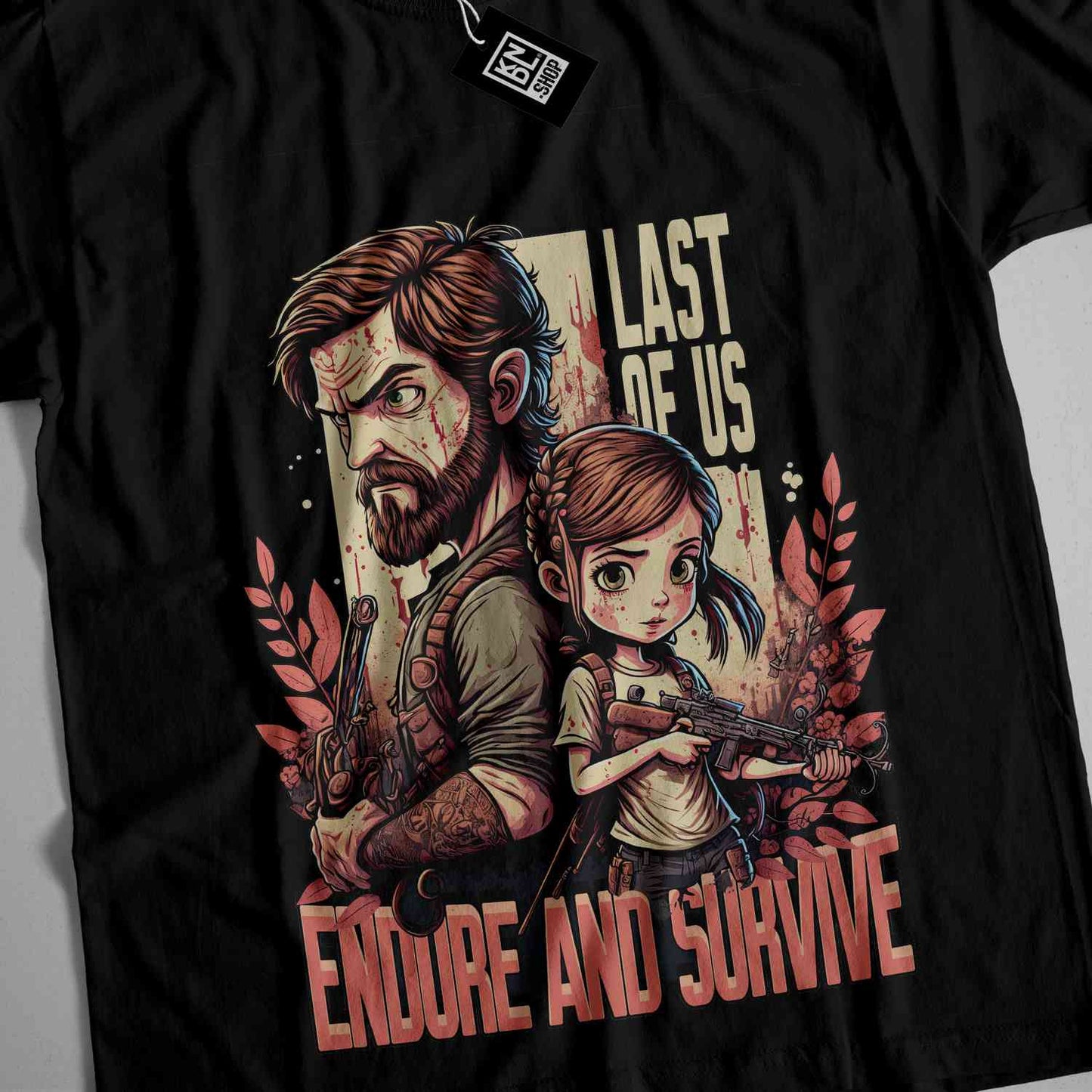 a black t - shirt with a drawing of a man and a woman holding guns