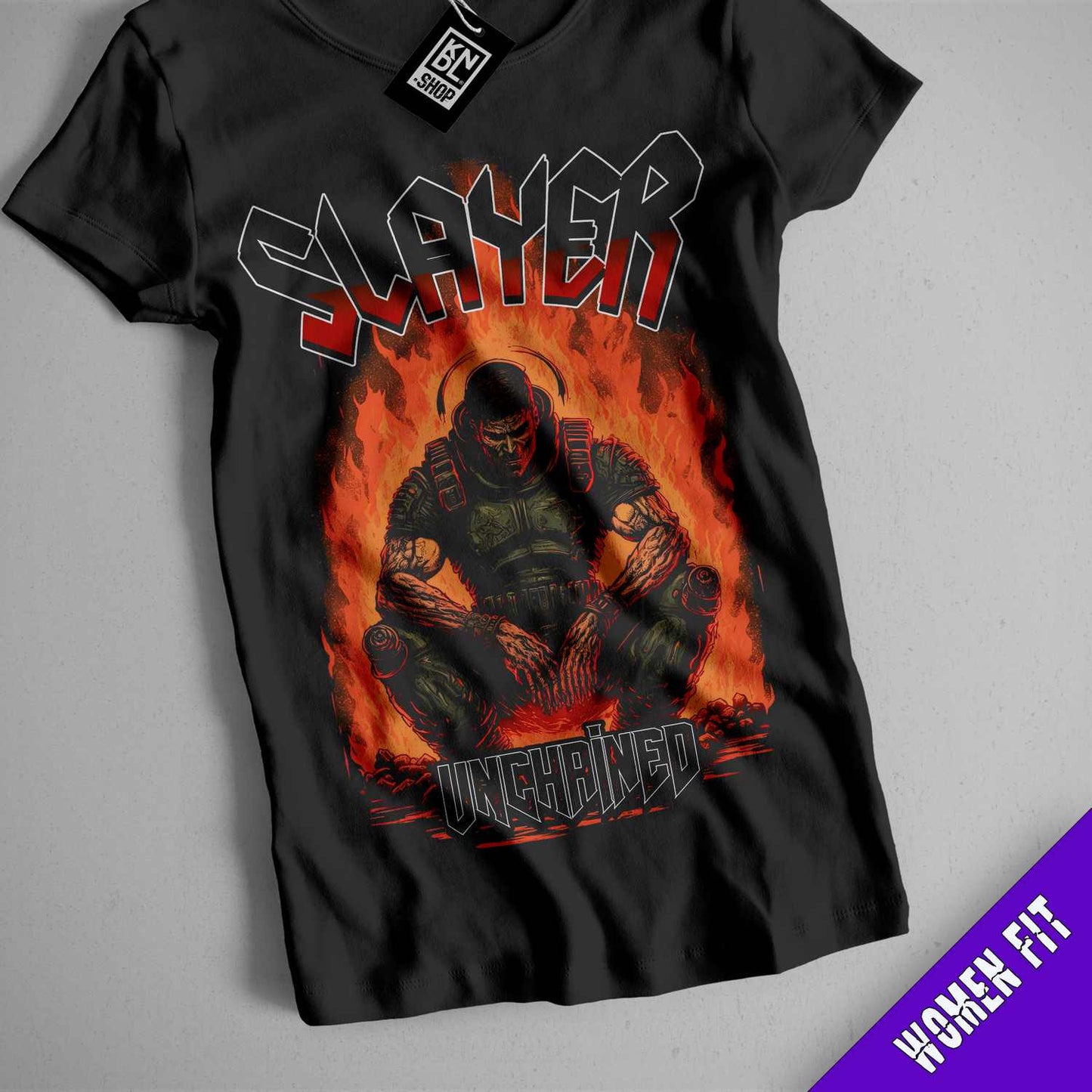 a black t - shirt with a picture of a demon on it