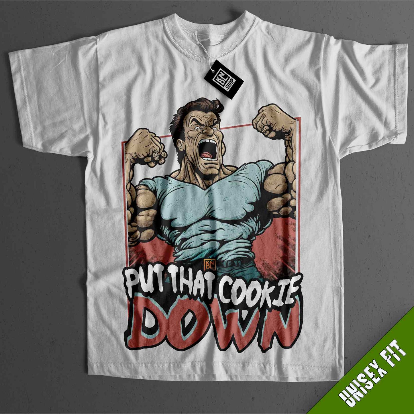 a white t - shirt with an image of a man holding a fist