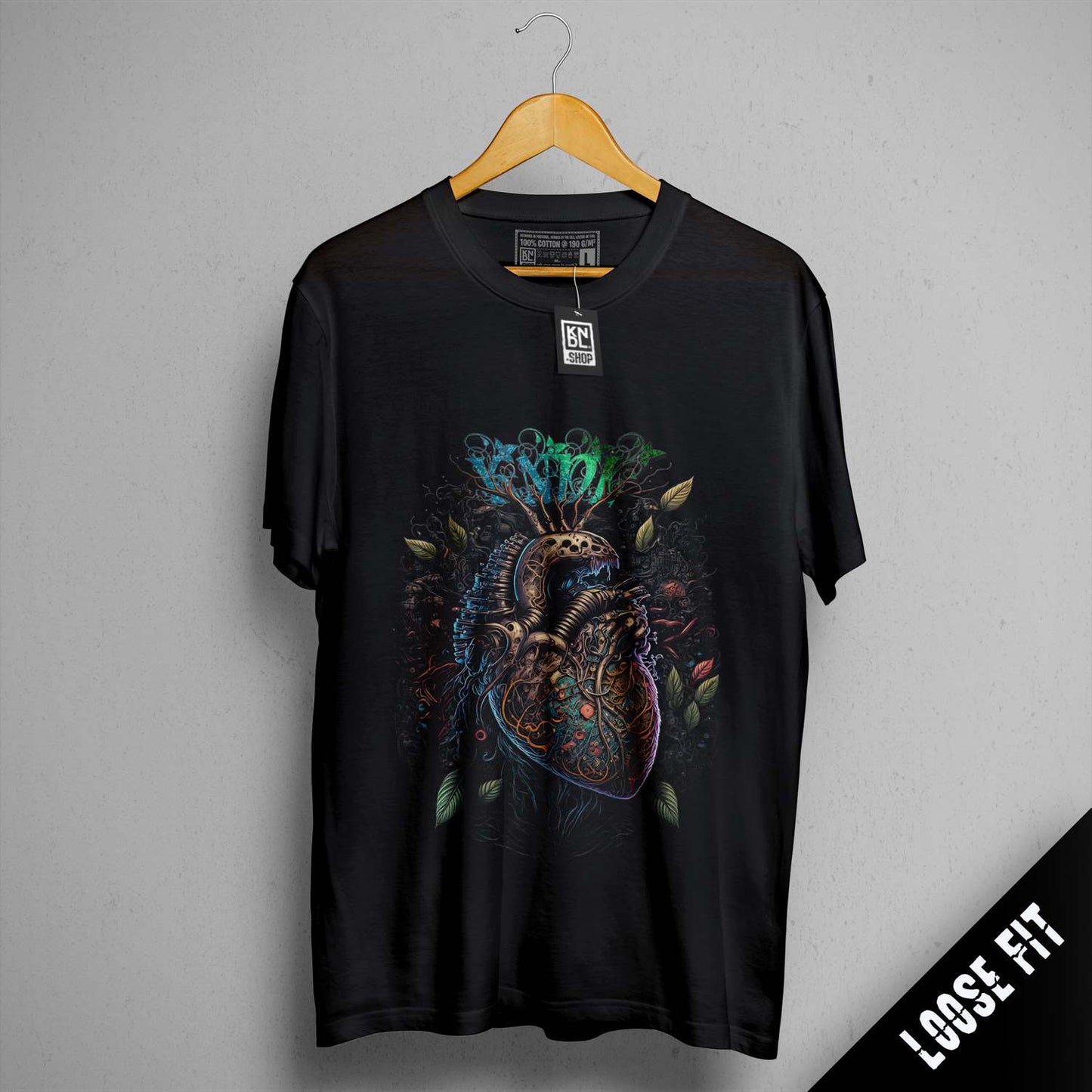 a black t - shirt with a picture of a human heart