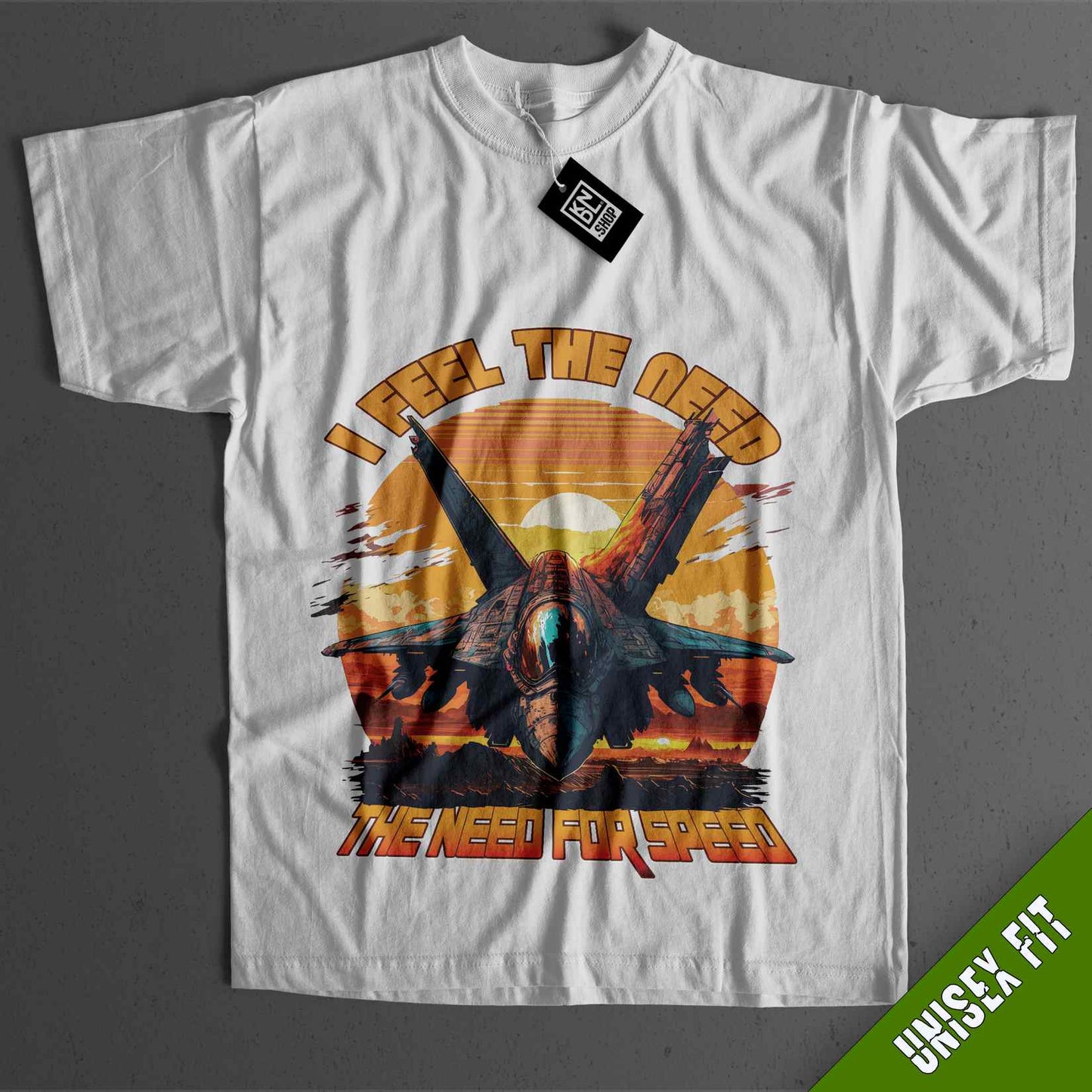 a white t - shirt with an image of a fighter jet