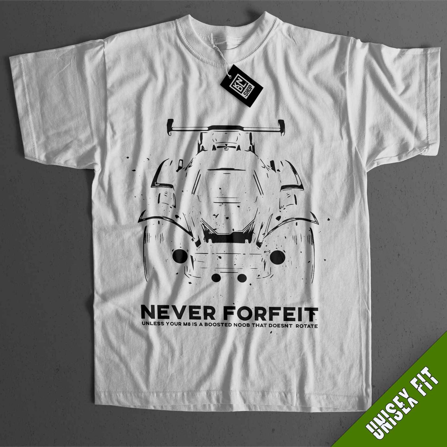 a white t - shirt with a picture of a car on it