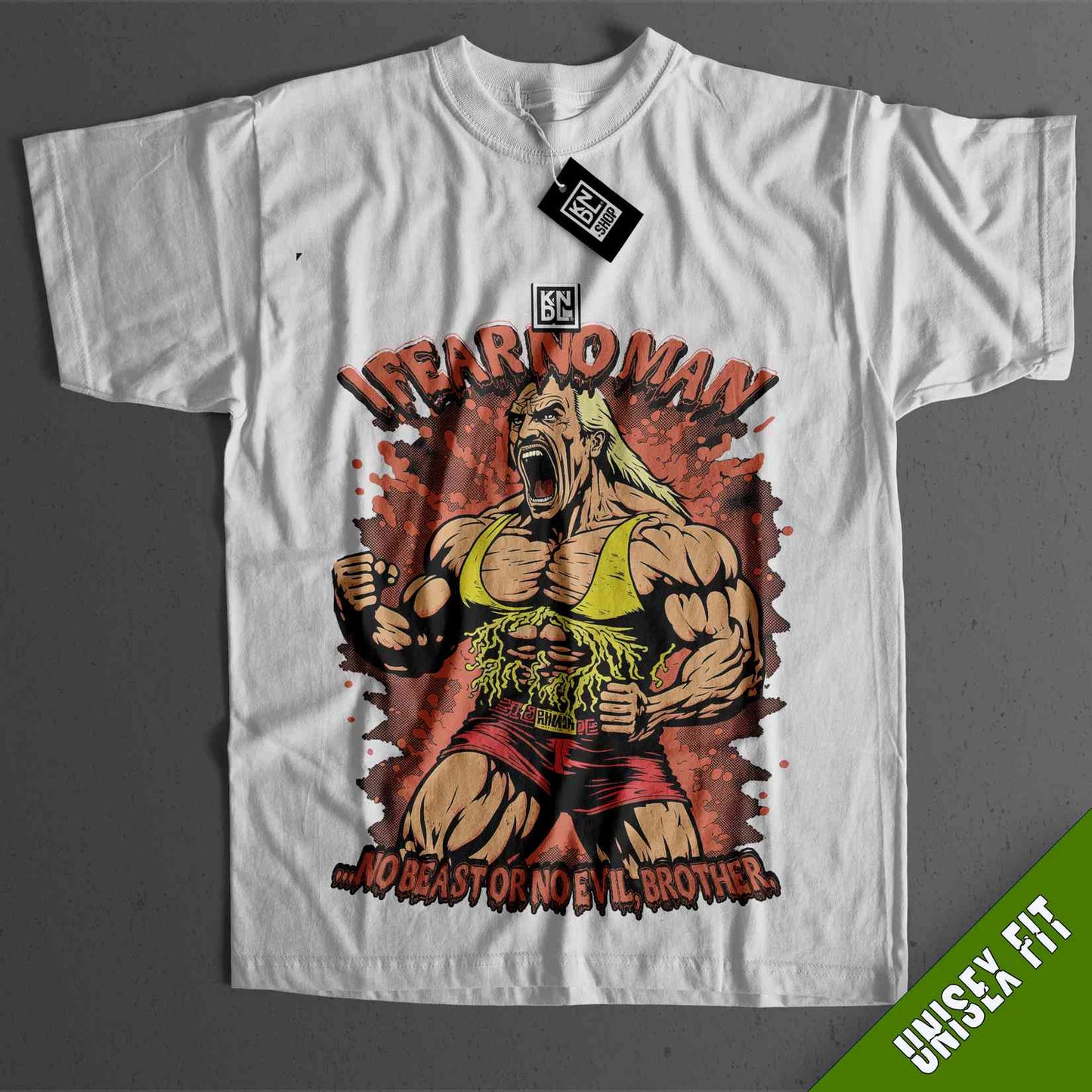 a white shirt with a picture of a wrestler on it