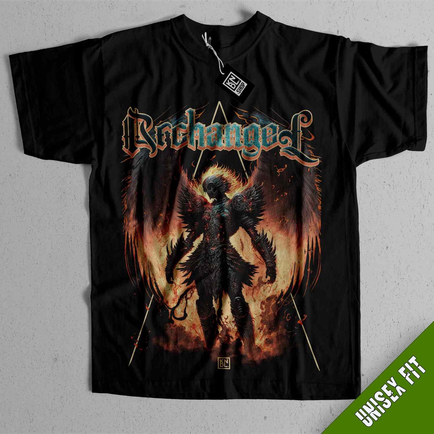a black shirt with an image of a demon on it