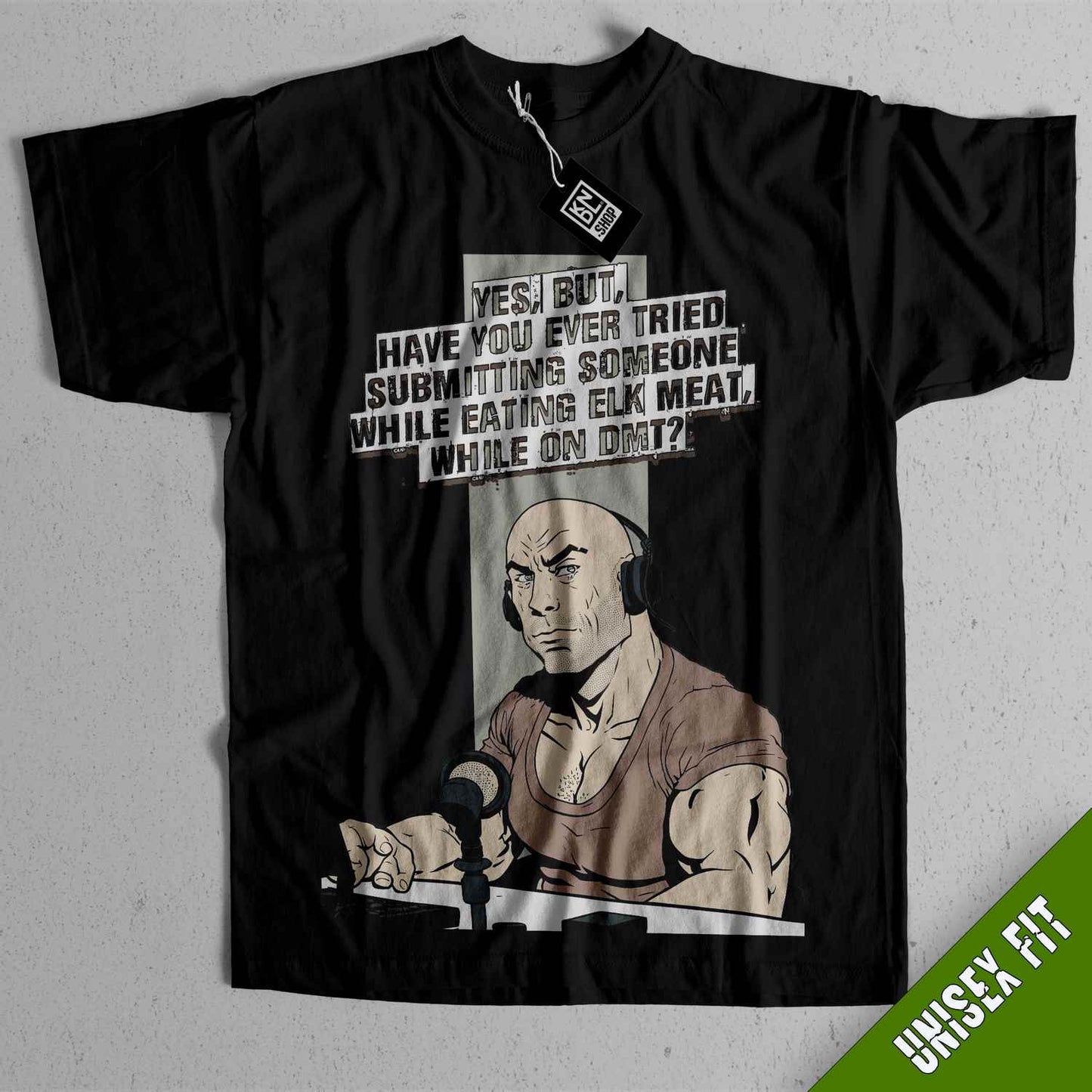 a black shirt with a picture of a man holding a microphone