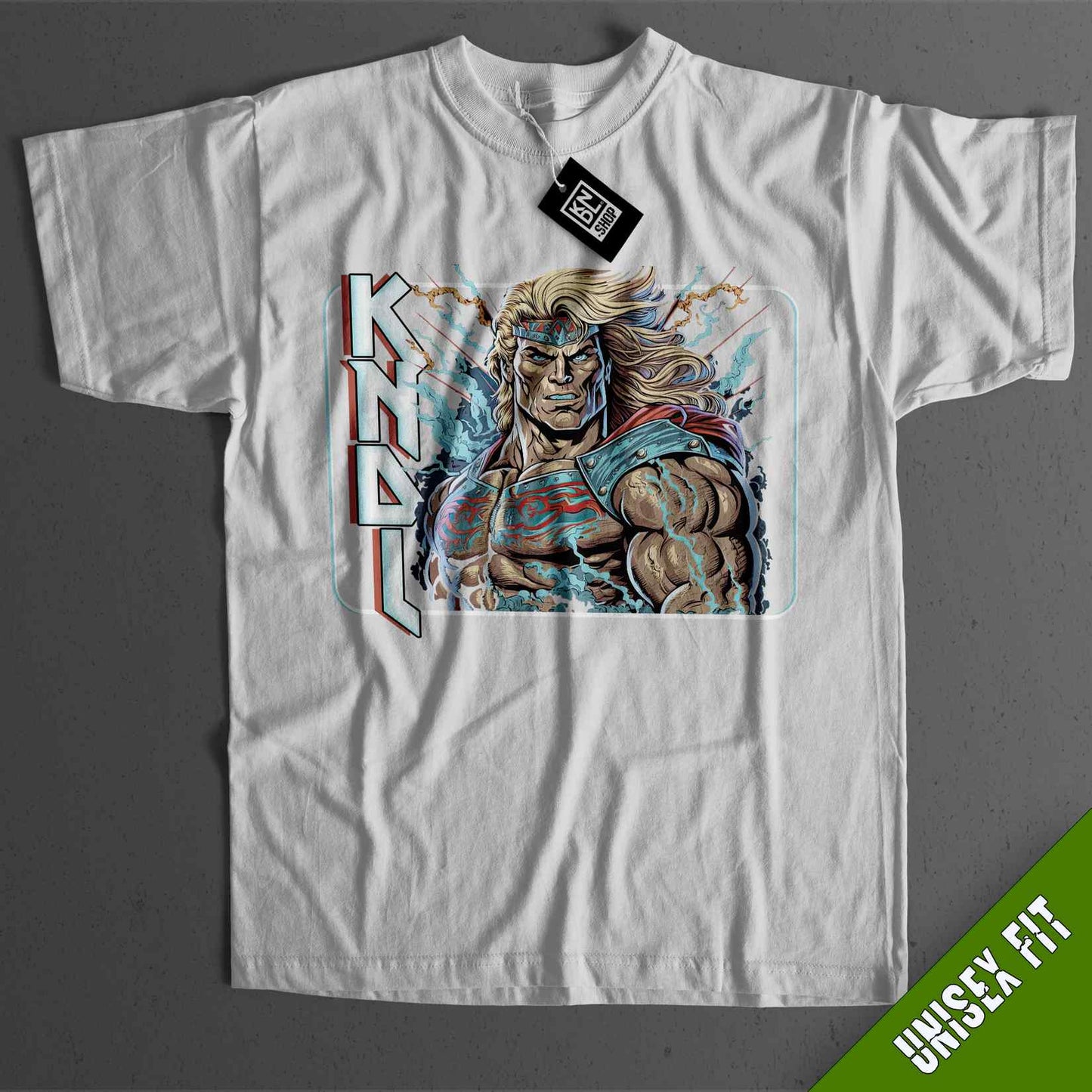 a white t - shirt with a picture of a man holding a sword