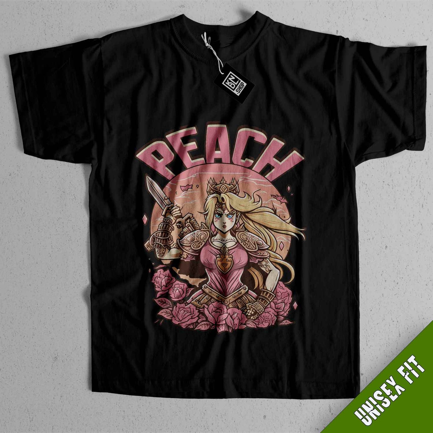 a black t - shirt with the words peach on it